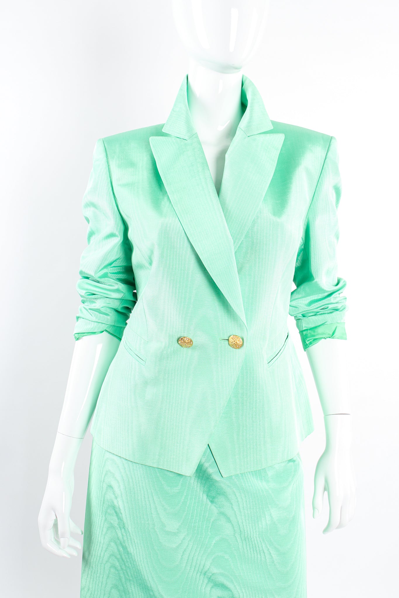 Vintage Escada Mint Moiré Jacket & Skirt Suit on Mannequin crop at Recess Los Angeles