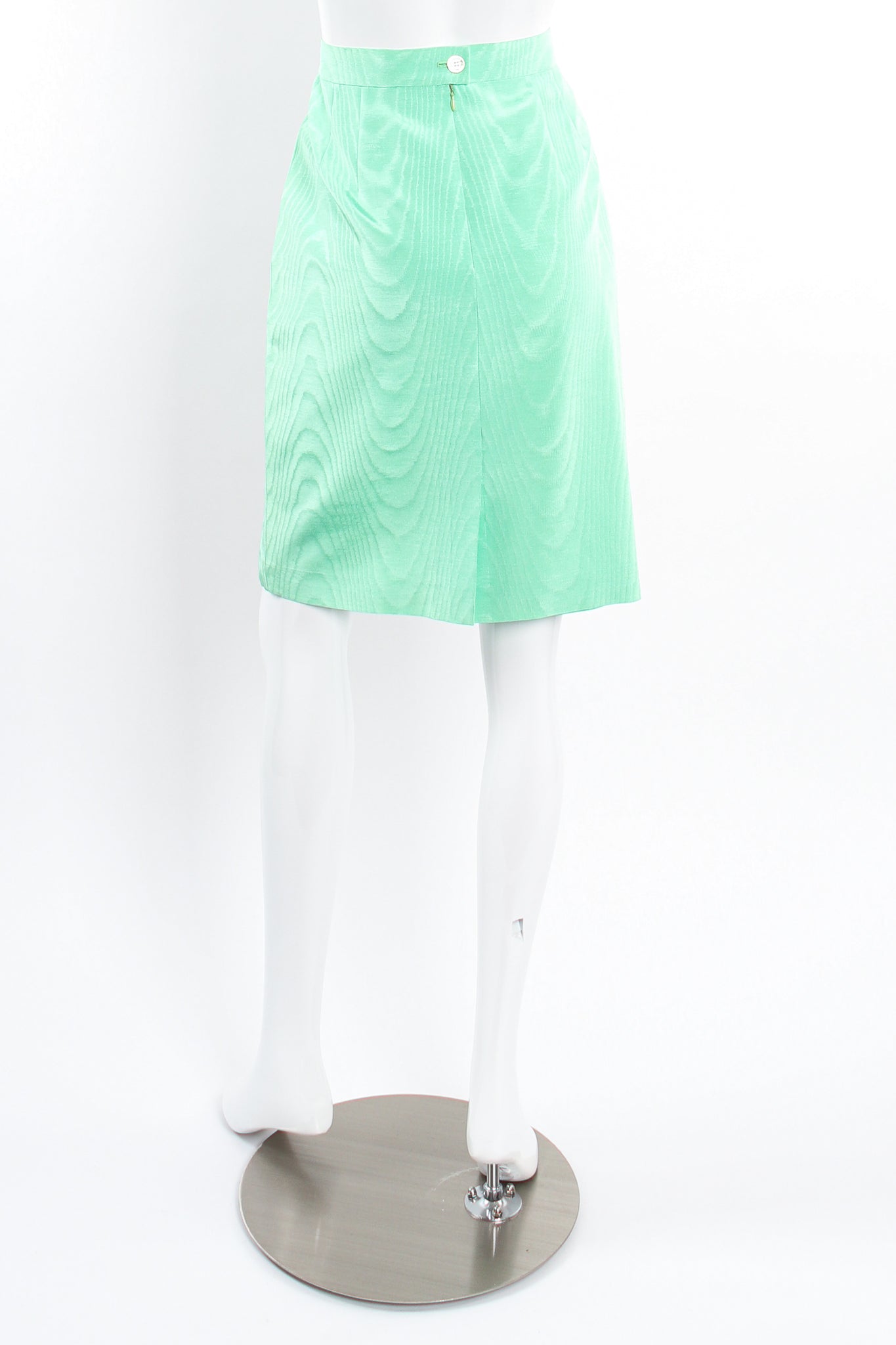 Vintage Escada Mint Moiré Jacket & Skirt Suit skirt back on mannequin at Recess Los Angeles