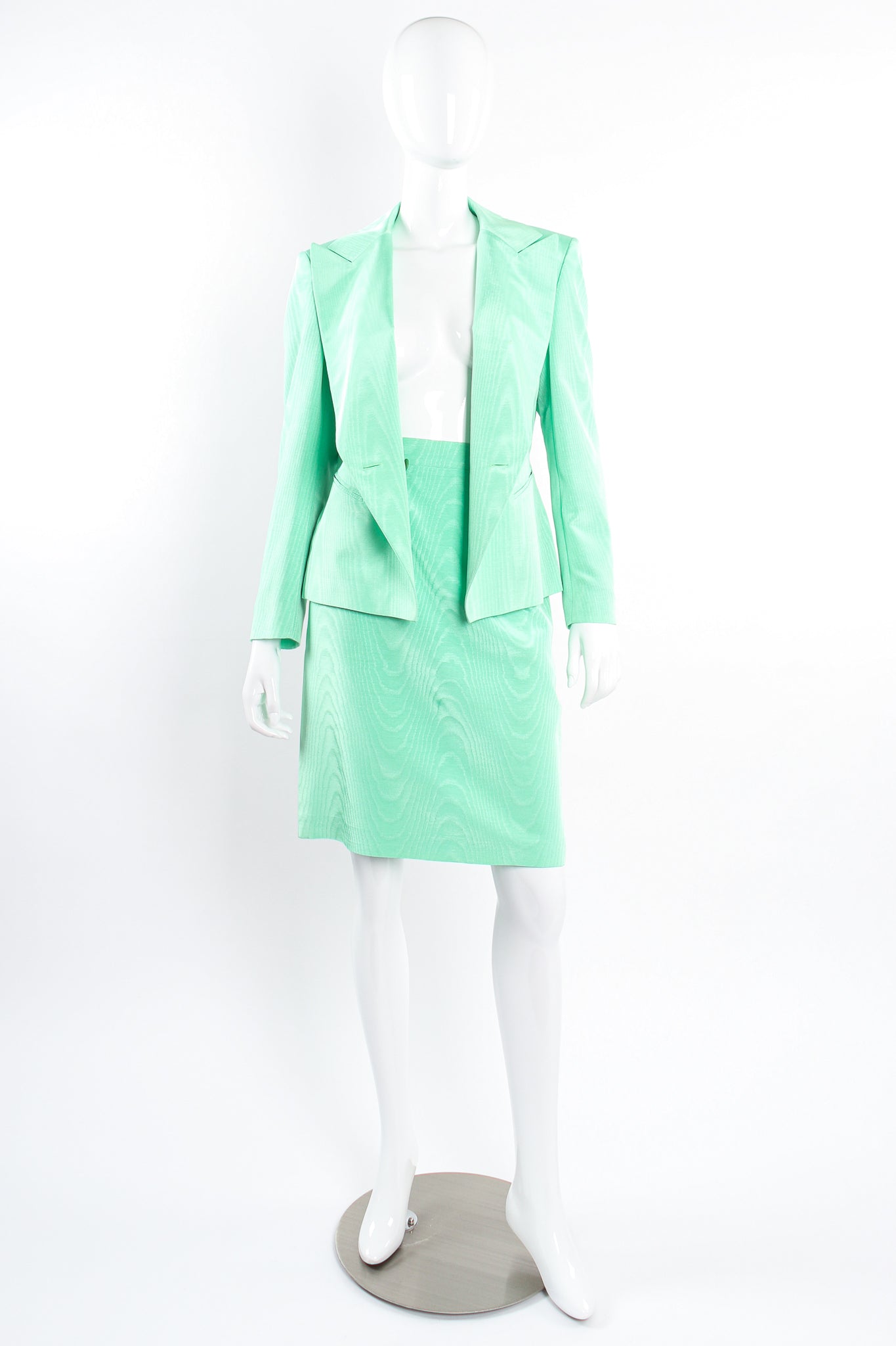 Vintage Escada Mint Moiré Jacket & Skirt Suit on Mannequin open at Recess Los Angeles