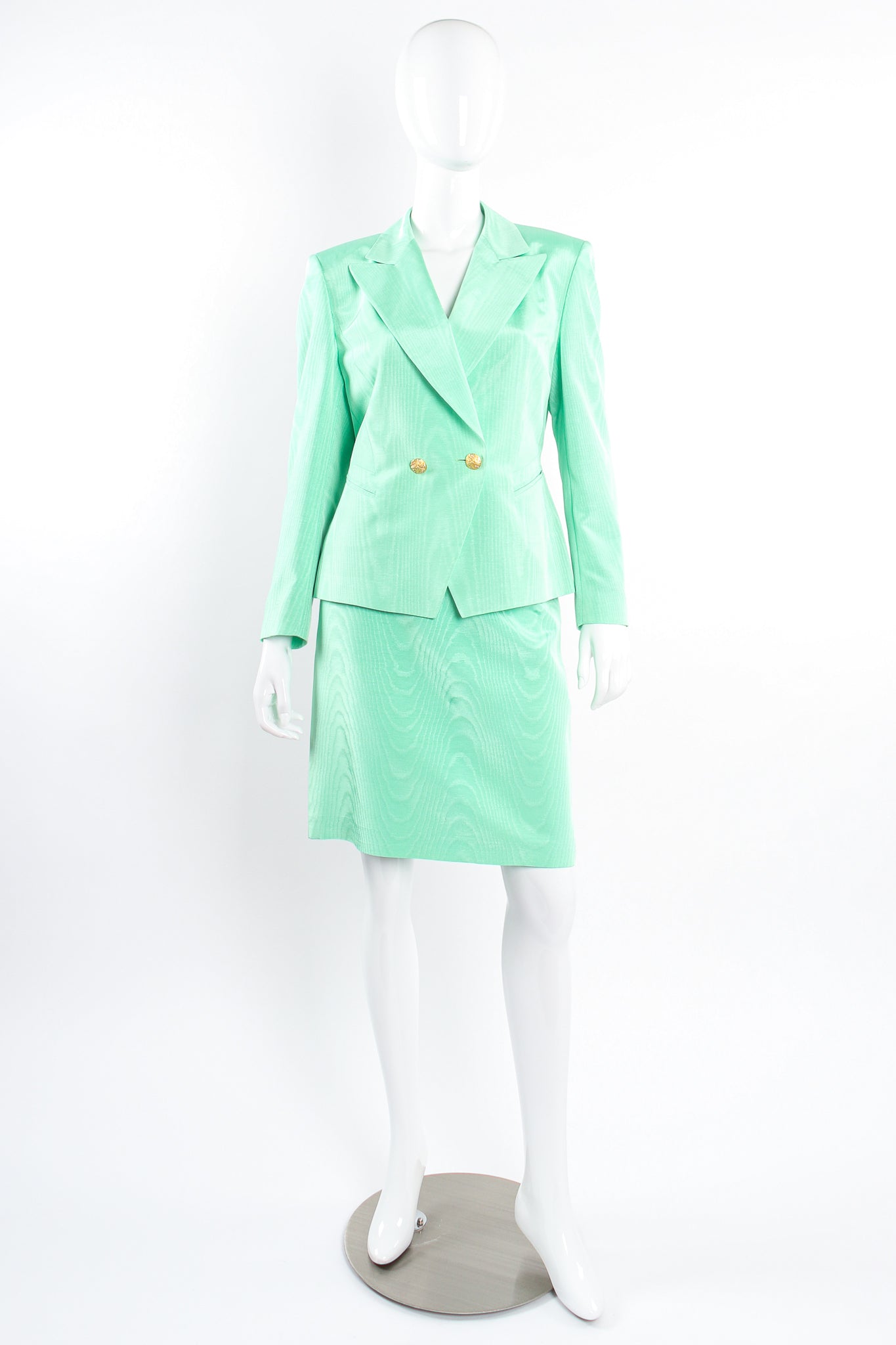 Vintage Escada Mint Moiré Jacket & Skirt Suit on Mannequin front at Recess Los Angeles
