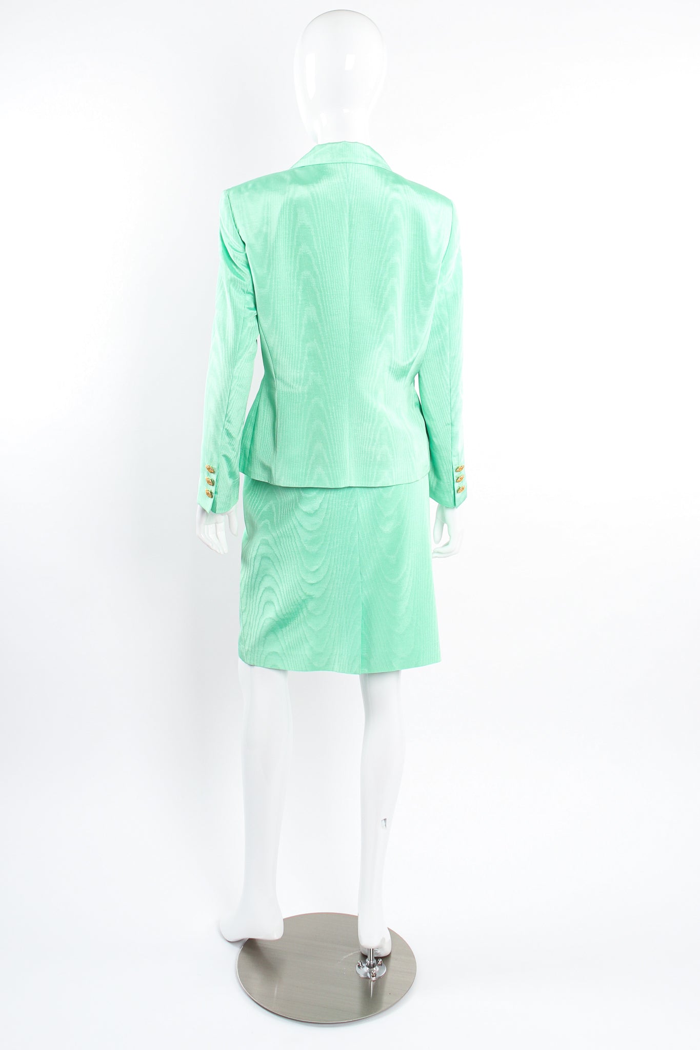 Vintage Escada Mint Moiré Jacket & Skirt Suit on Mannequin back at Recess Los Angeles