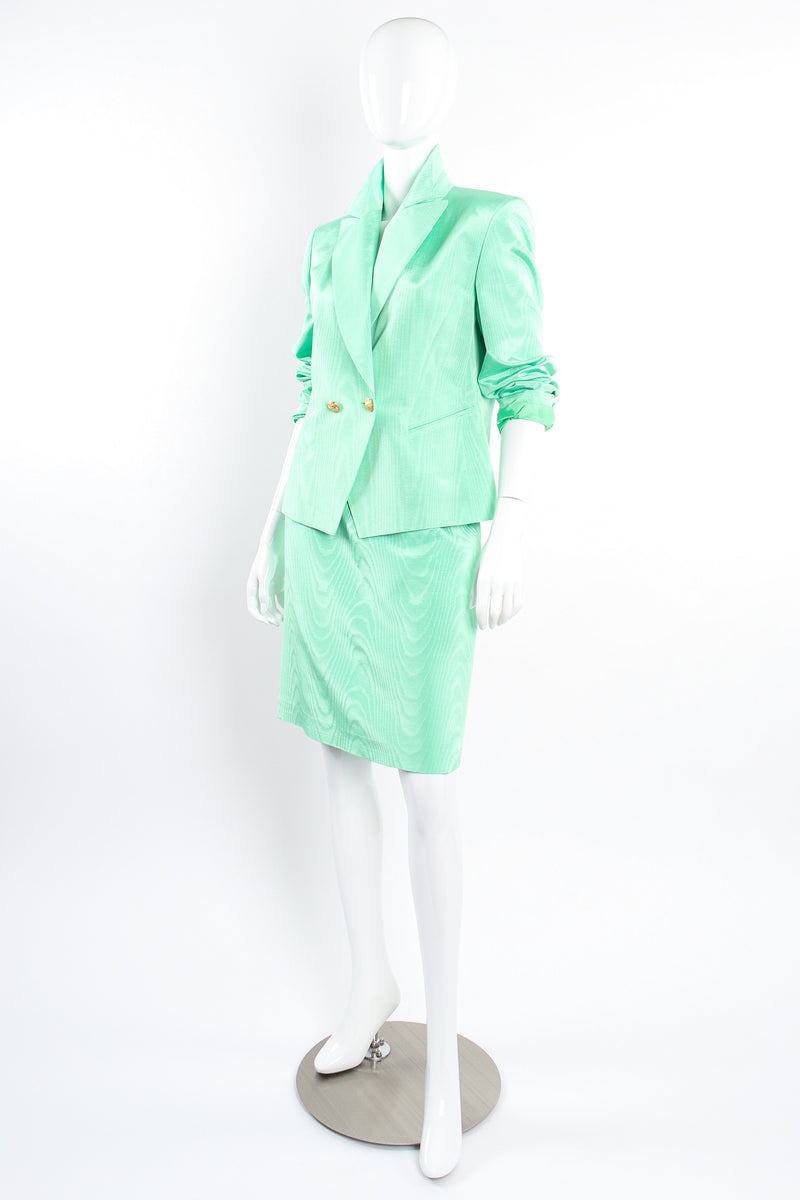 Vintage Escada Mint Moiré Jacket & Skirt Suit on Mannequin angle at Recess Los Angeles