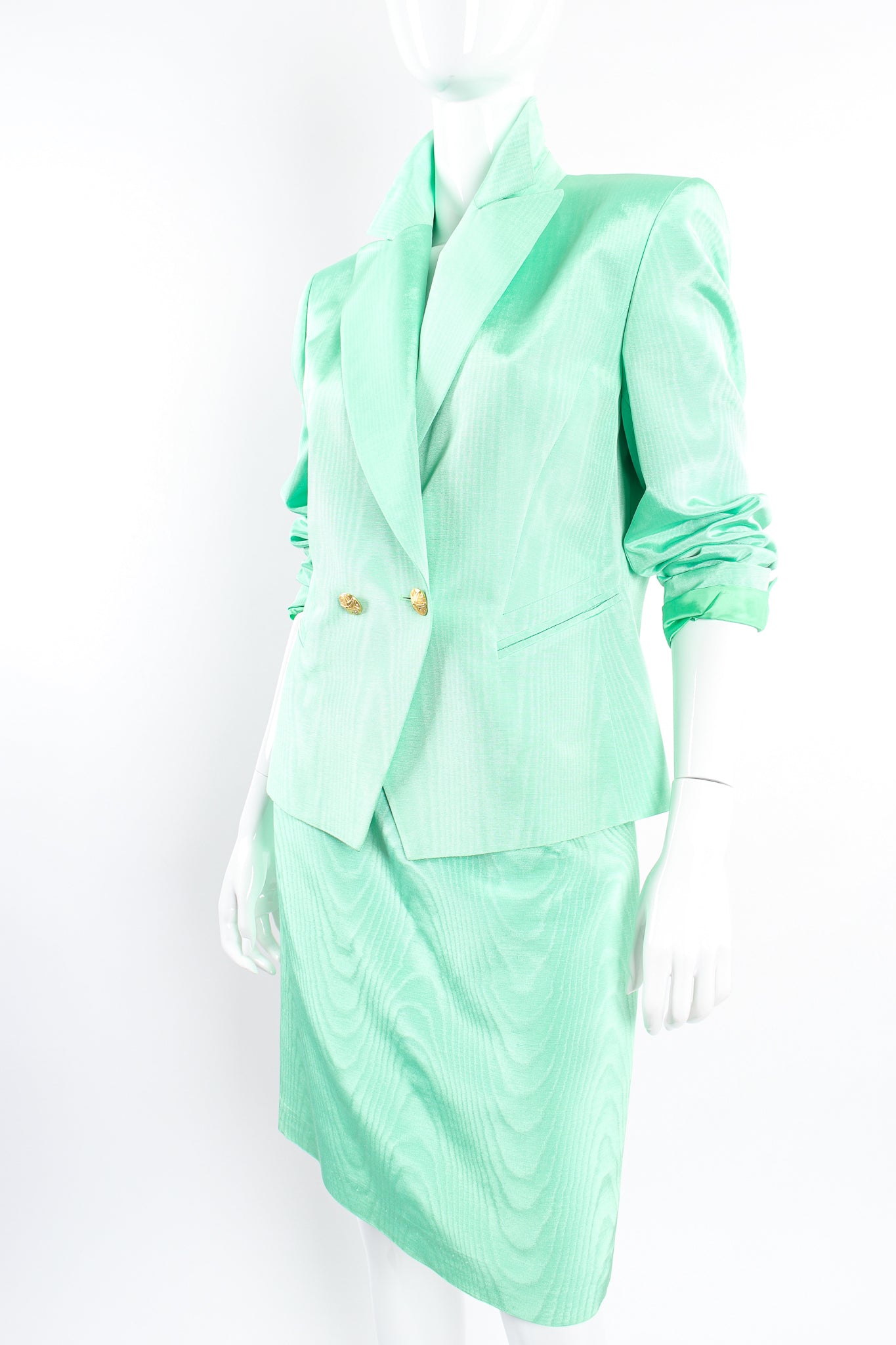 Vintage Escada Mint Moiré Jacket & Skirt Suit on Mannequin crop at Recess LA