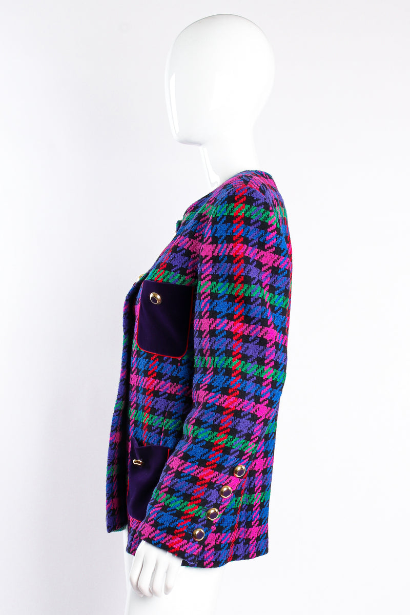 Vintage Escada Collarless Jewel Plaid Tweed Jacket on mannequin side at Recess Los Angeles