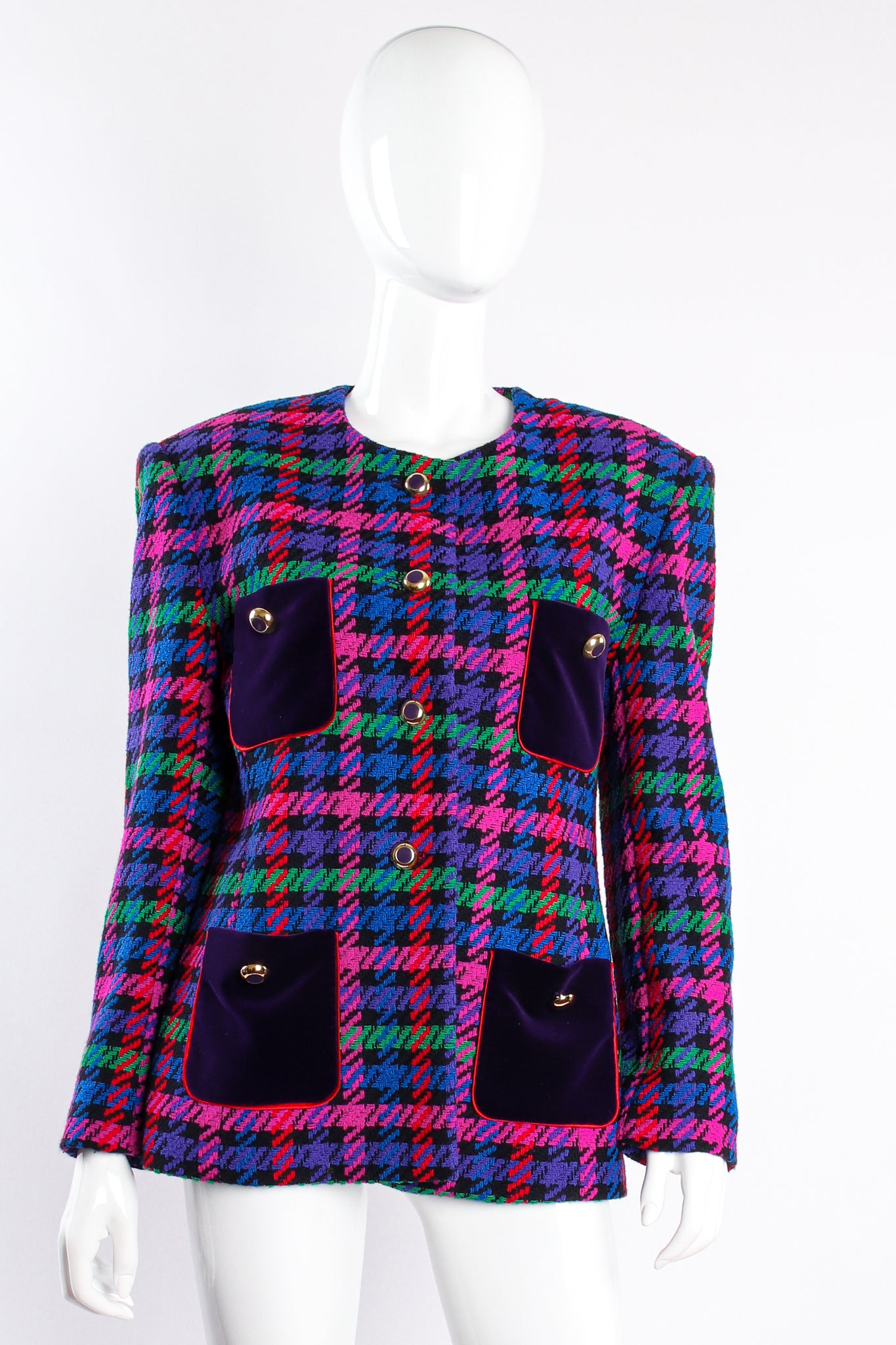 Vintage Escada Collarless Jewel Plaid Tweed Jacket on mannequin front at Recess Los Angeles