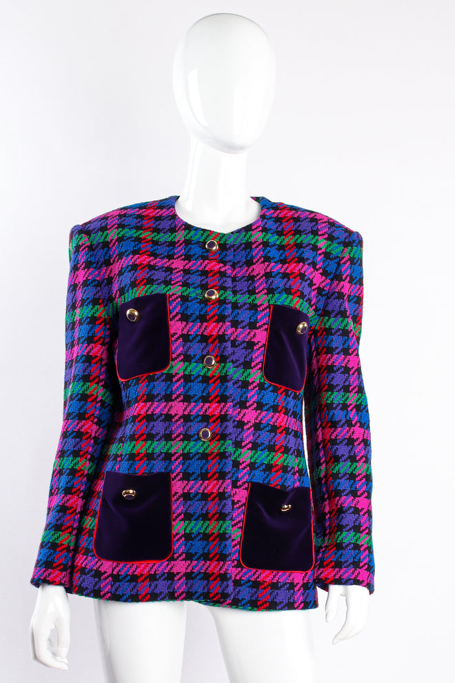 Vintage Escada Collarless Jewel Plaid Tweed Jacket on mannequin front at Recess Los Angeles