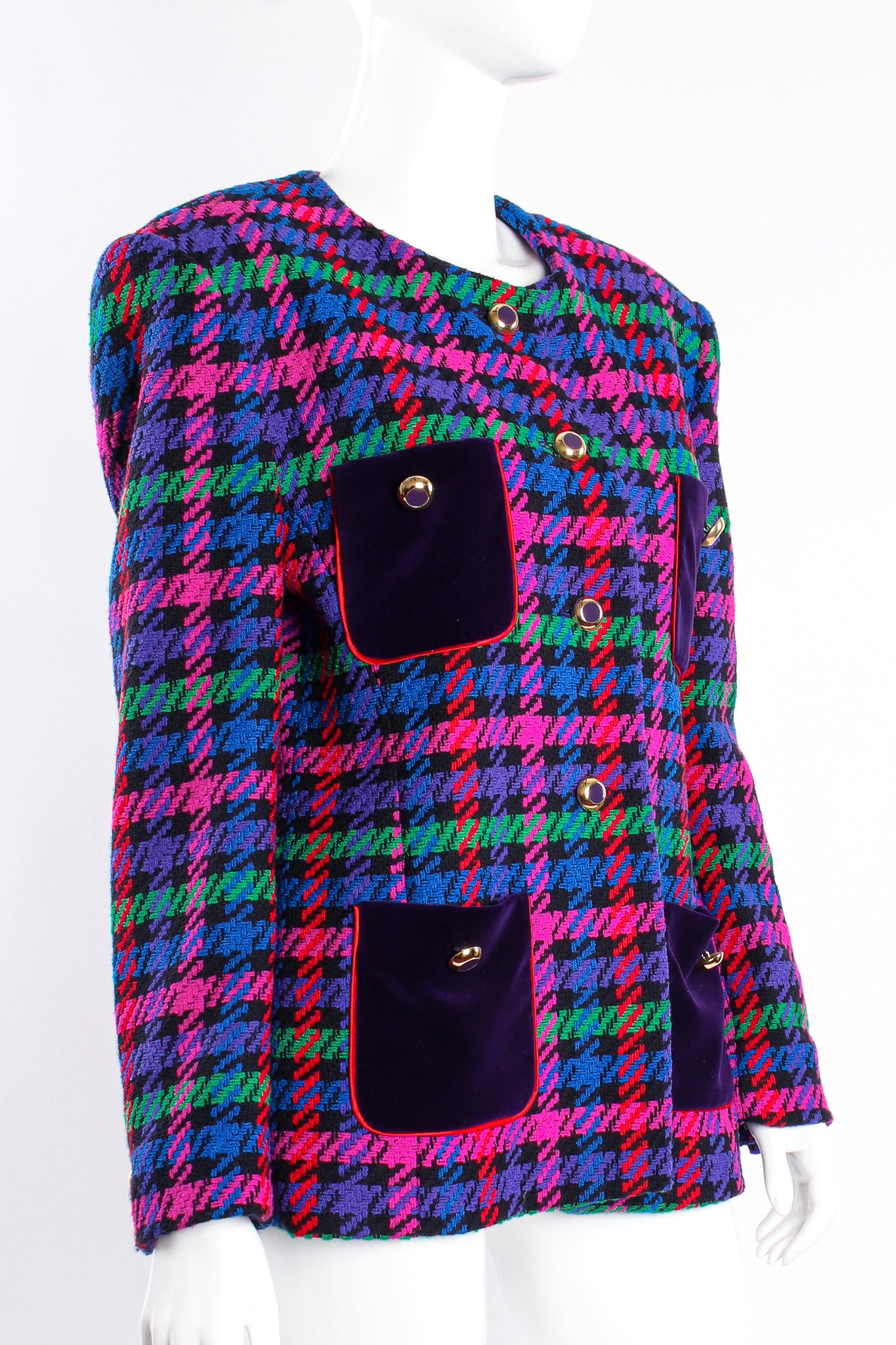 Vintage Escada Collarless Jewel Plaid Tweed Jacket on mannequin angle at Recess Los Angeles