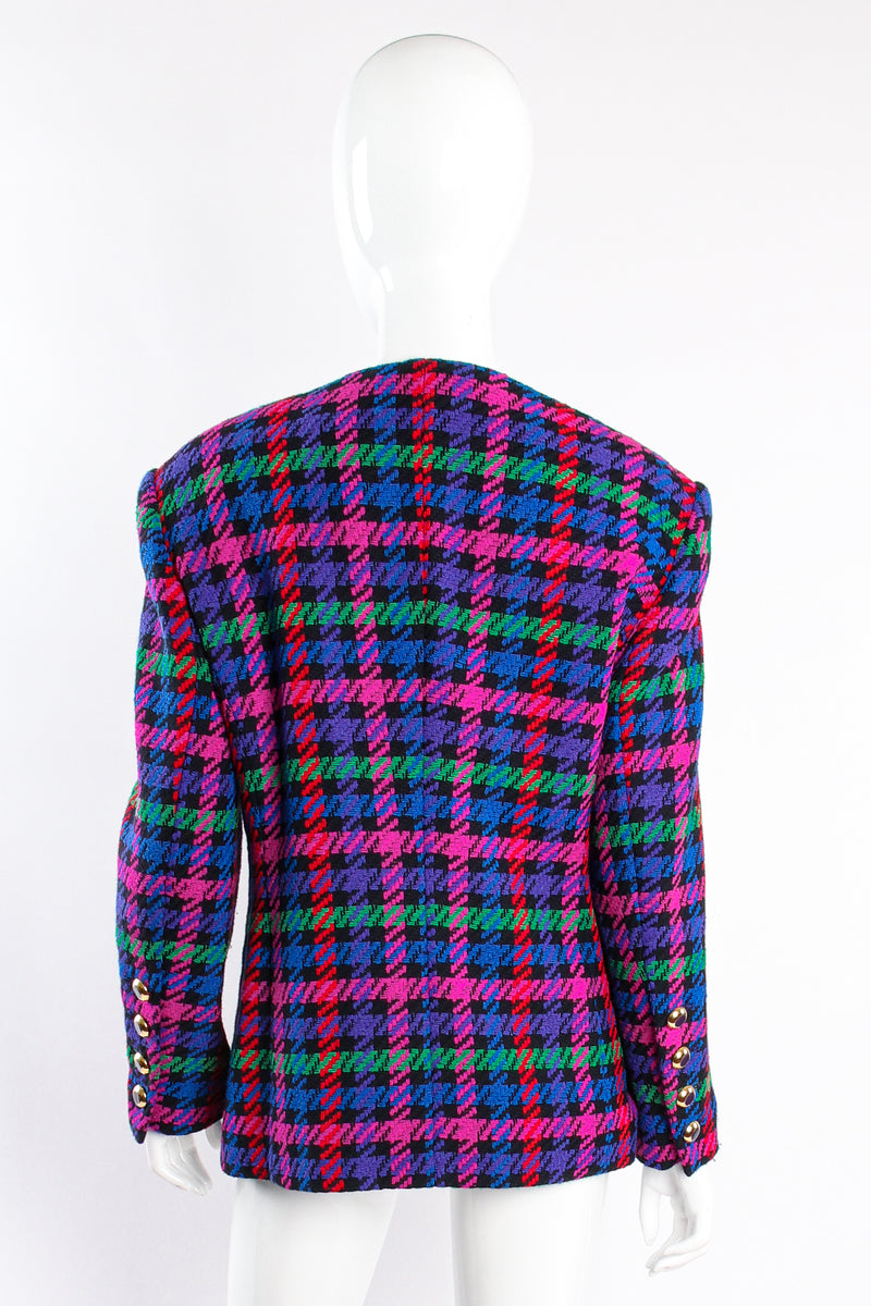 Vintage Escada Collarless Jewel Plaid Tweed Jacket on mannequin back at Recess Los Angeles