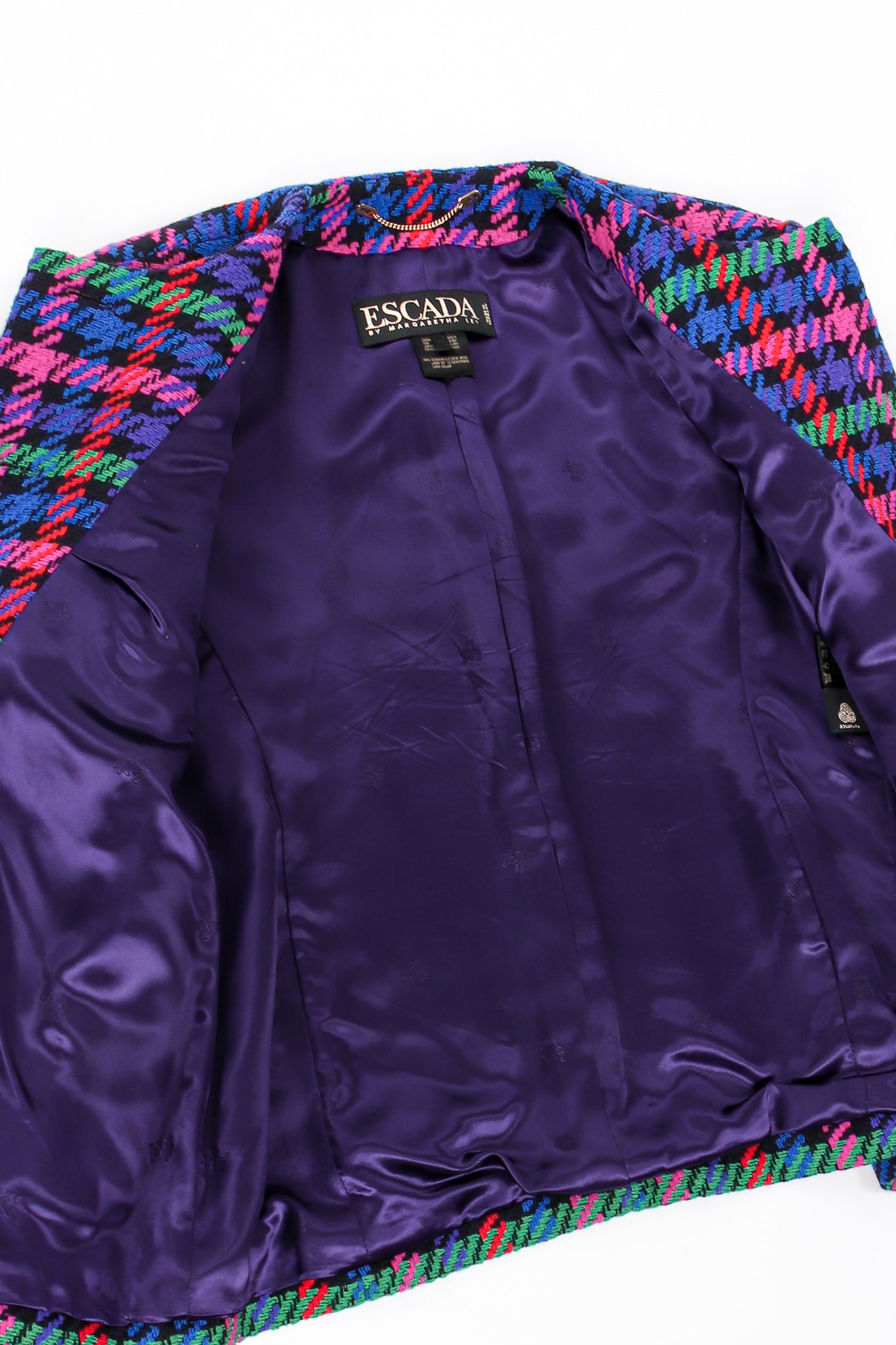 Vintage Escada Collarless Jewel Plaid Tweed Jacket lining at Recess Los Angeles