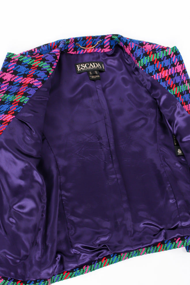 Vintage Escada Collarless Jewel Plaid Tweed Jacket lining at Recess Los Angeles