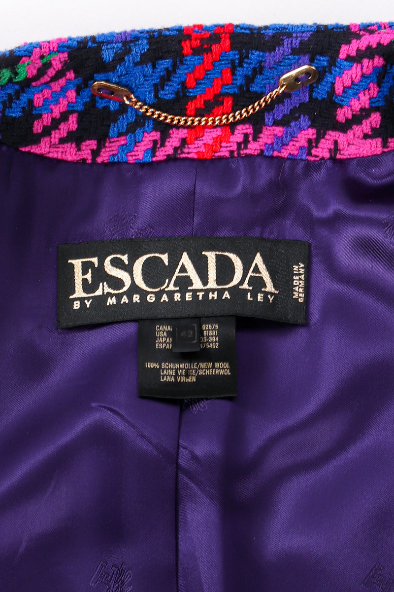 Vintage Escada Collarless Jewel Plaid Tweed Jacket label at Recess Los Angeles