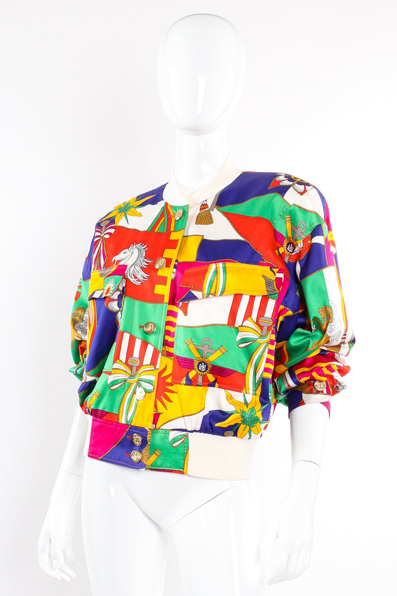 Vintage Escada Flag Pageantry Bomber Jacket on Mannequin angle at Recess Los Angeles
