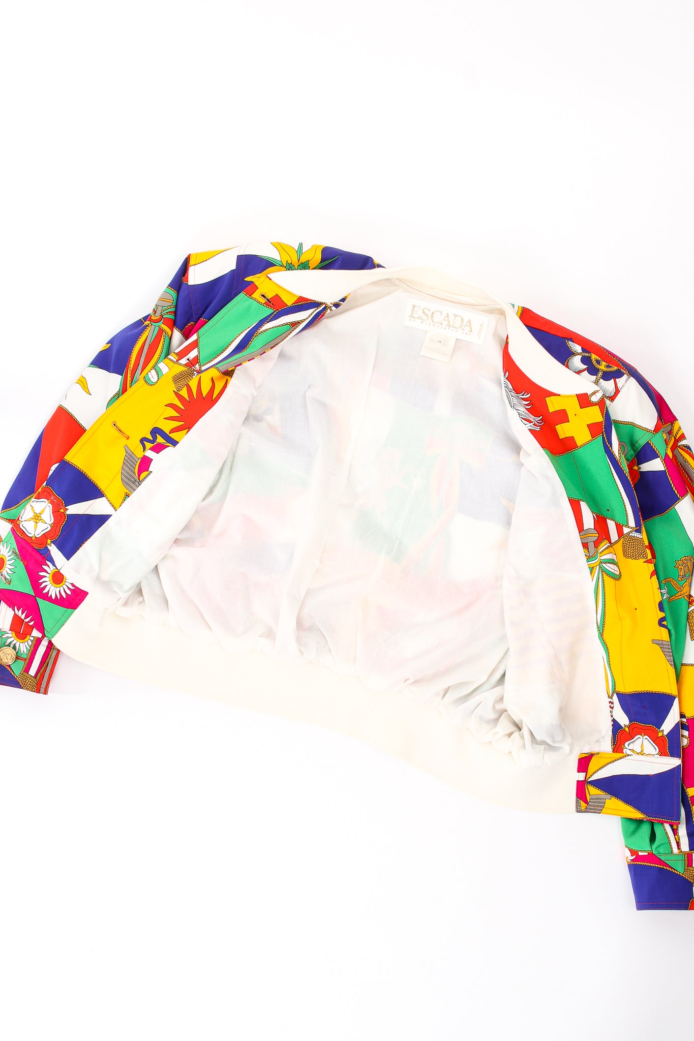 Vintage Escada Flag Pageantry Bomber Jacket flat lining at Recess Los Angeles