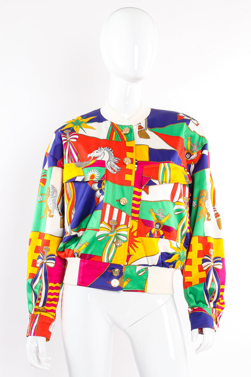 Vintage Escada Flag Pageantry Bomber Jacket on Mannequin front at Recess Los Angeles