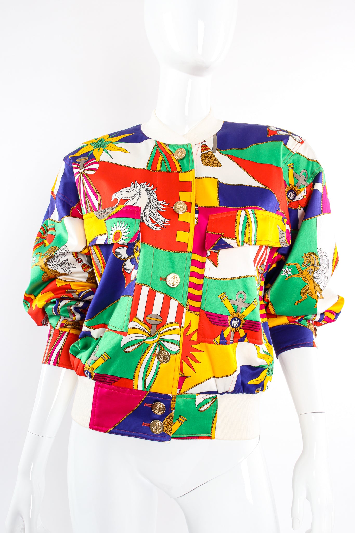 Vintage Escada Flag Pageantry Bomber Jacket on Mannequin crop at Recess Los Angeles