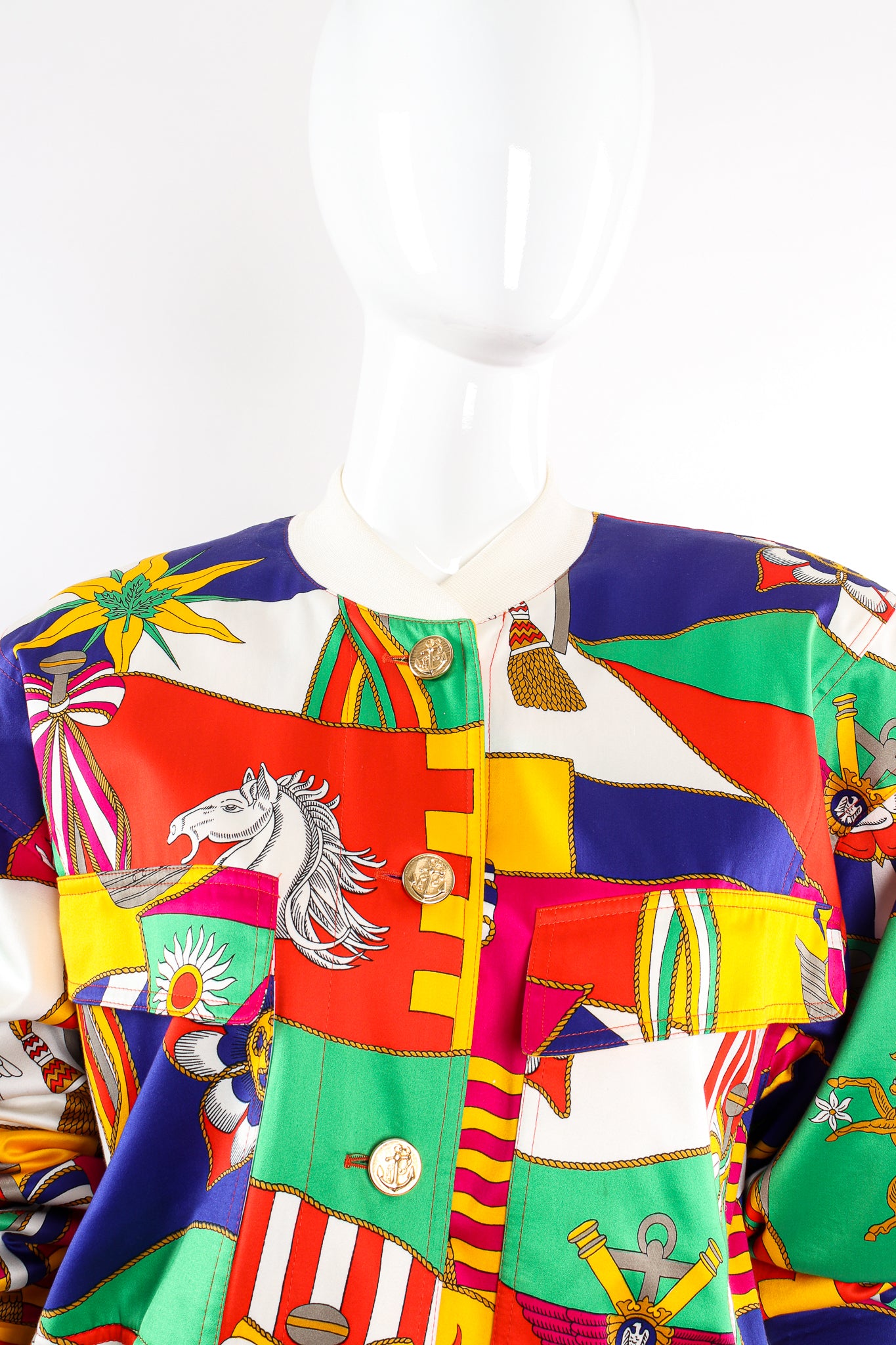 Vintage Escada Flag Pageantry Bomber Jacket on Mannequin collar at Recess Los Angeles