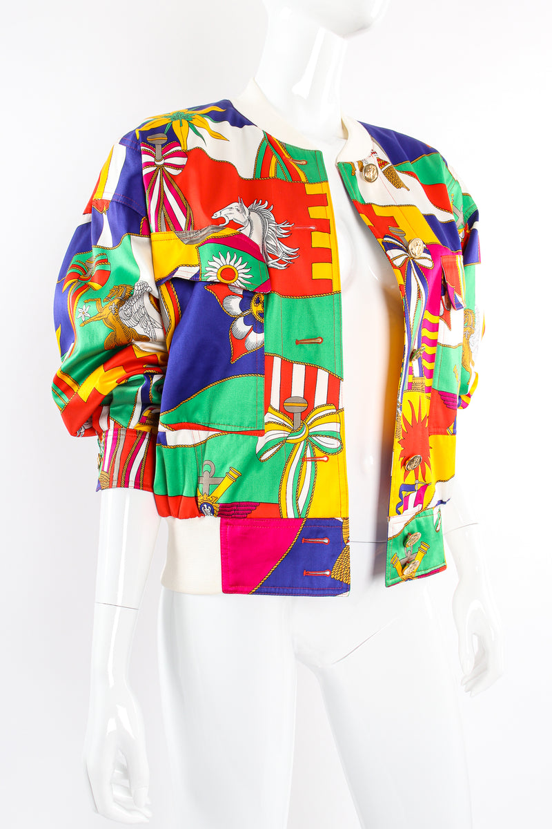 Vintage Escada Flag Pageantry Bomber Jacket on Mannequin open angle at Recess Los Angeles