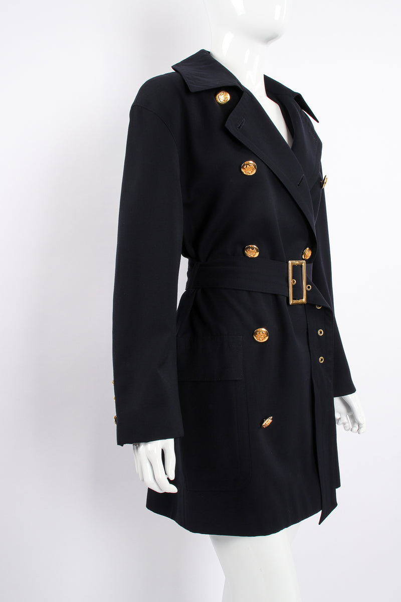 Vintage Escada Navy Belted Twill Trench on Mannequin angle at Recess Los Angeles