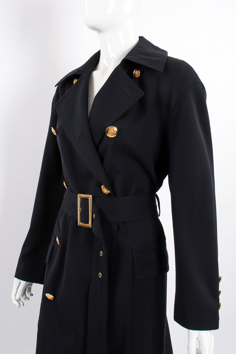 Vintage Escada Navy Belted Twill Trench on Mannequin angle crop at Recess Los Angeles