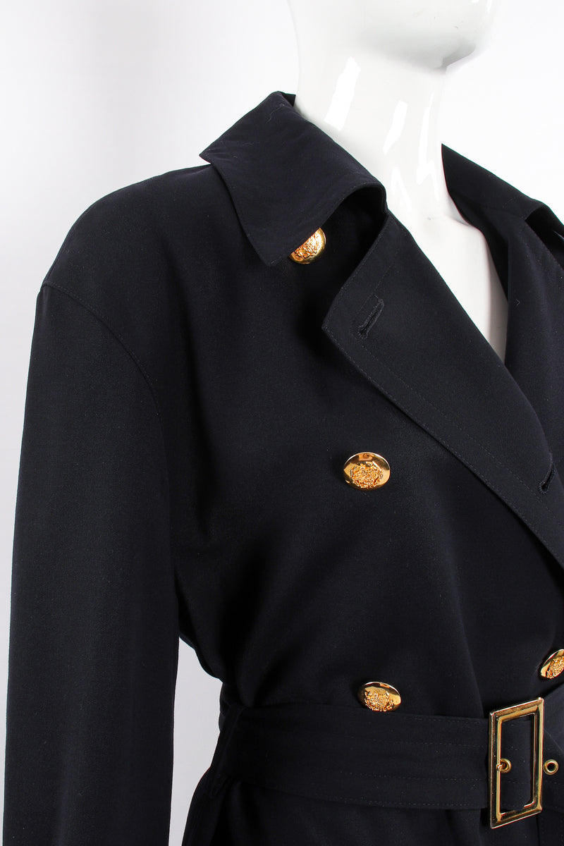 Vintage Escada Navy Belted Twill Trench on Mannequin shoulder at Recess Los Angeles