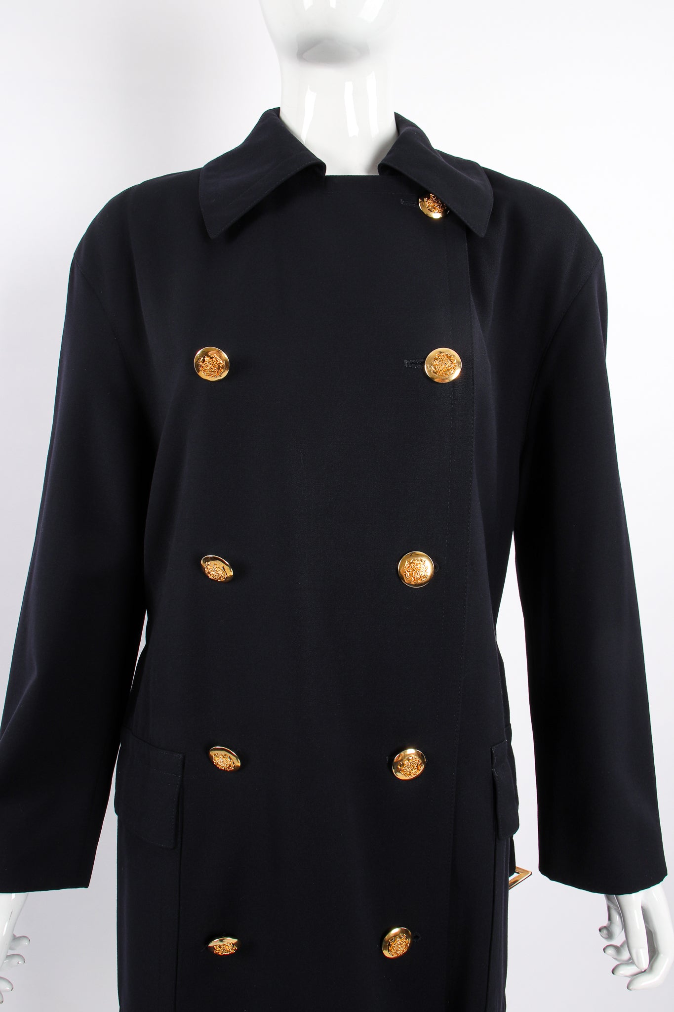 Vintage Escada Navy Belted Twill Trench on Mannequin front no belt at Recess Los Angeles