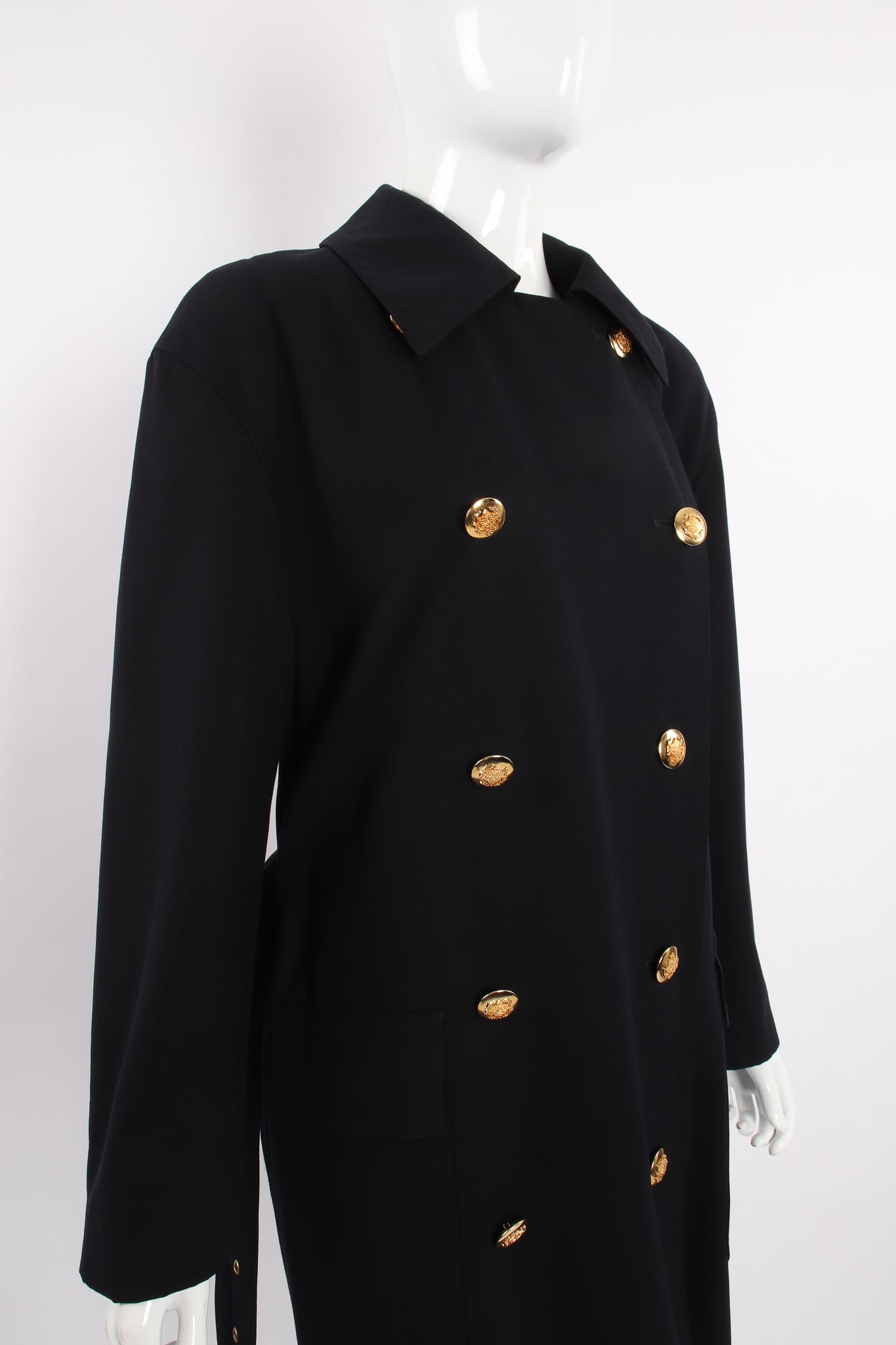 Vintage Escada Navy Belted Twill Trench on Mannequin angle no belt at Recess Los Angeles