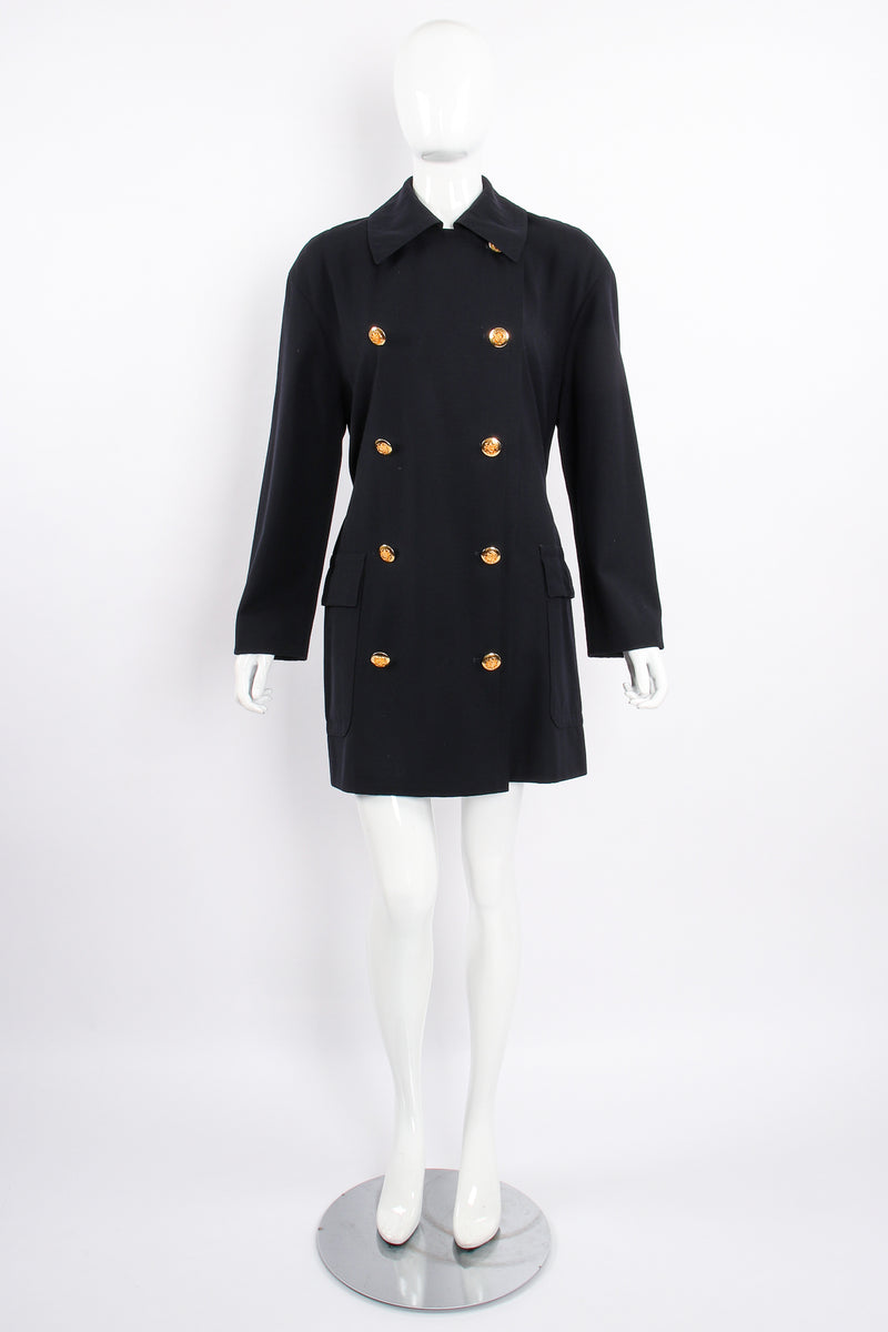 Vintage Escada Navy Belted Twill Trench on Mannequin front buttoned at Recess Los Angeles