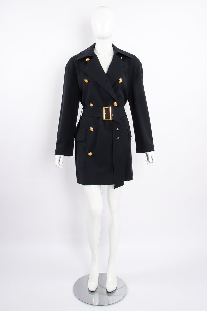 Vintage Escada Navy Belted Twill Trench on Mannequin front belted open collar at Recess Los Angeles