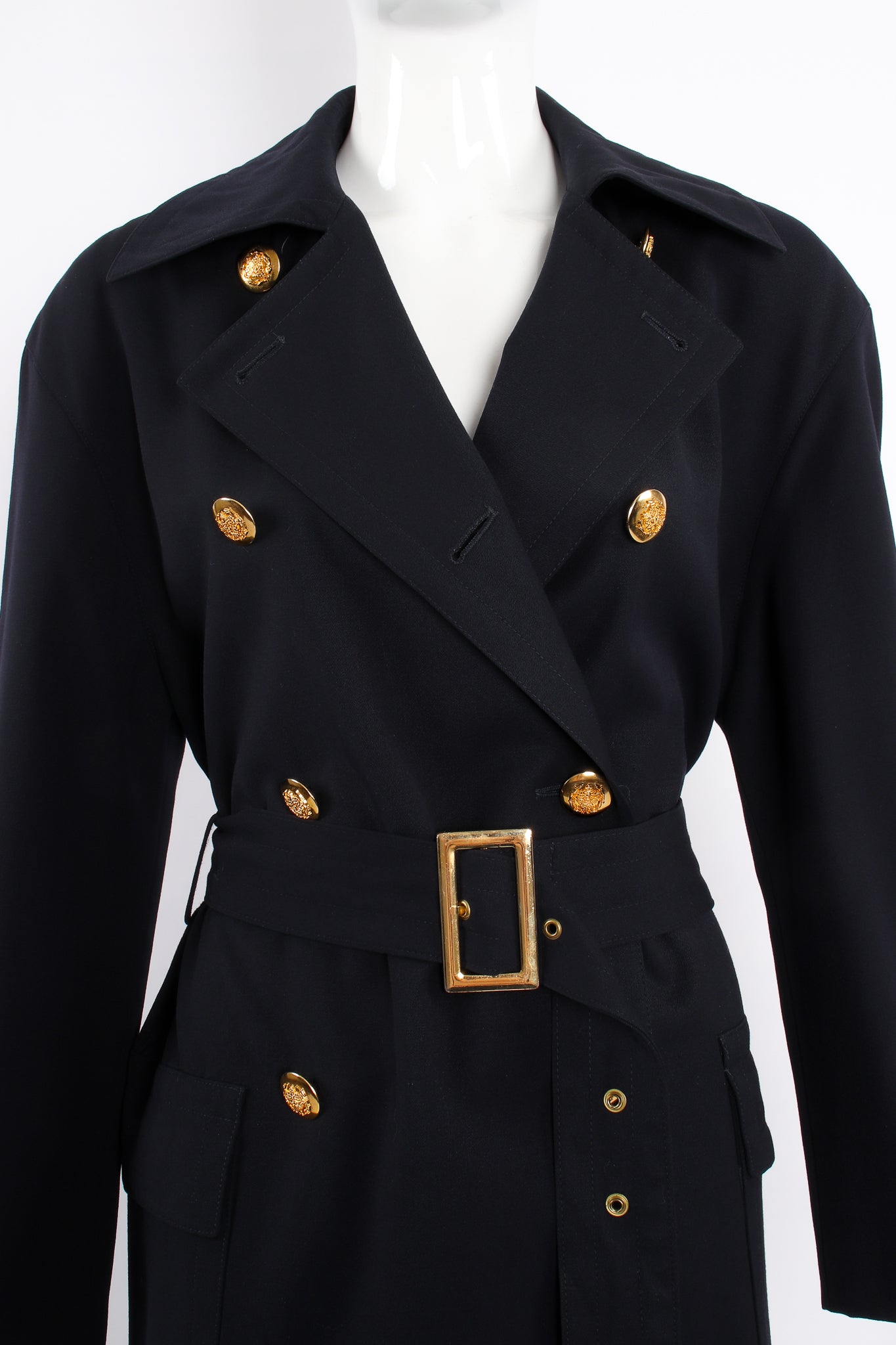 Vintage Escada Navy Belted Twill Trench on Mannequin belted crop at Recess Los Angeles