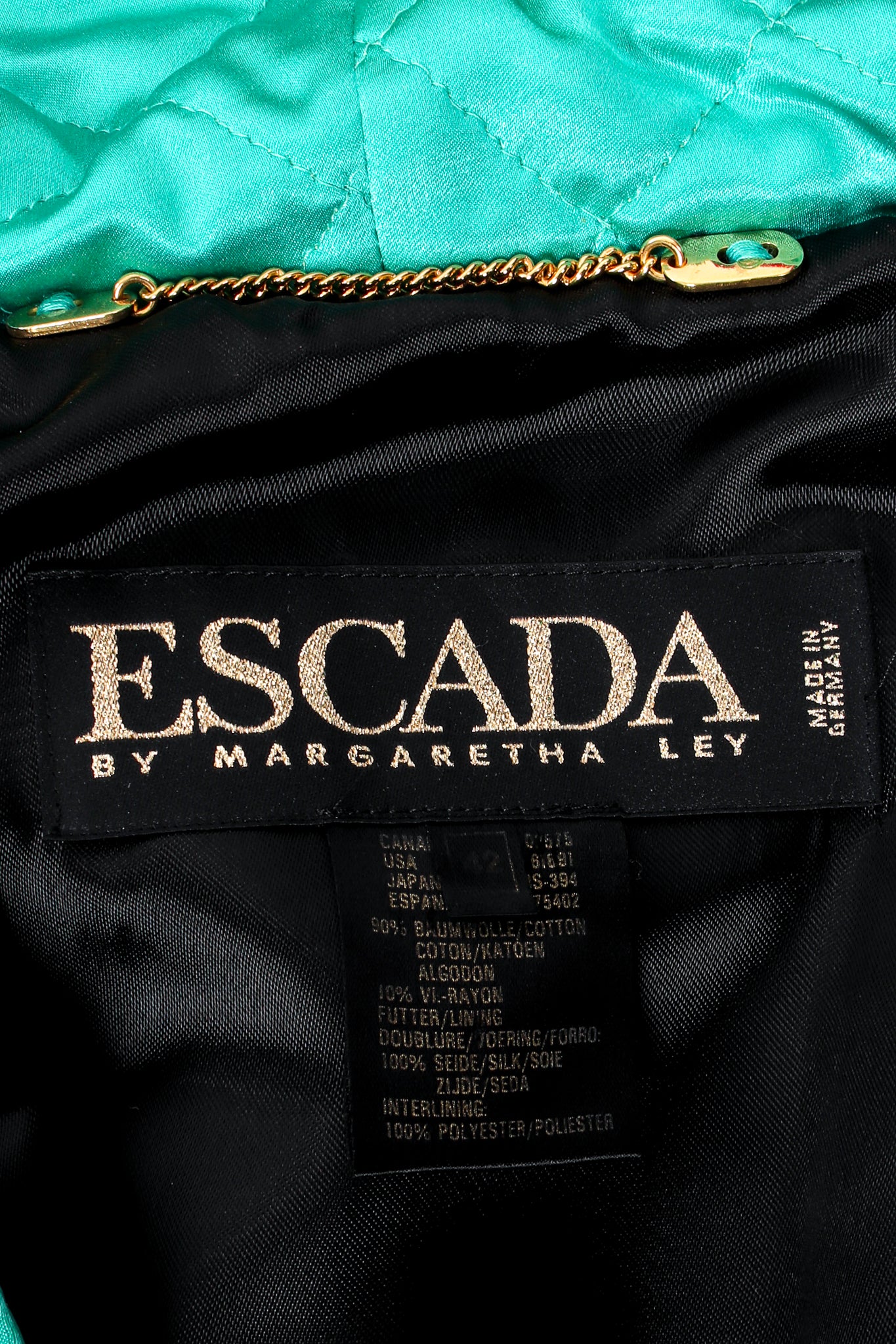Vintage Escada Velvet Ikat Hooded Bomber Jacket label at Recess Los Angeles