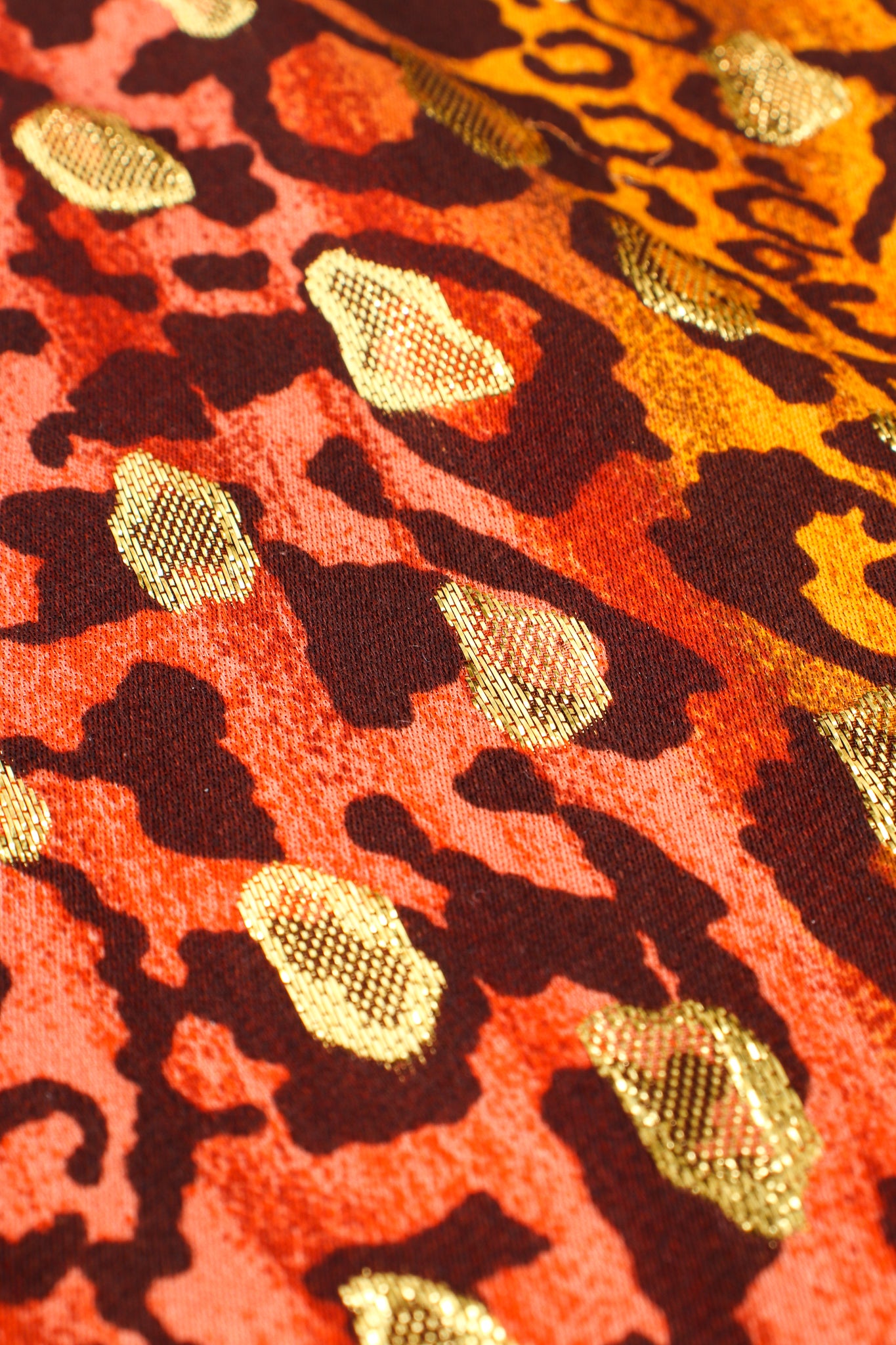 Vintage Escada Fiery Animal Print Brocade Shirt fabric detail at Recess Los Angeles