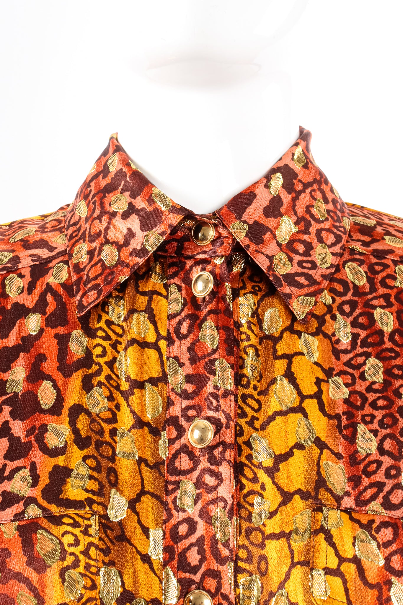Vintage Escada Fiery Animal Print Brocade Shirt on mannequin collar at Recess Los Angeles