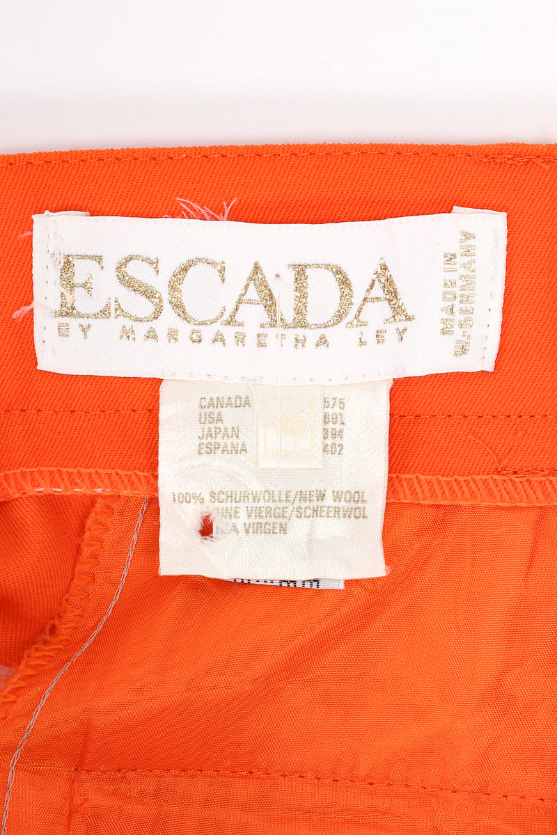 Vintage Escada Orange Double Pleated Pant label at Recess Los Angeles