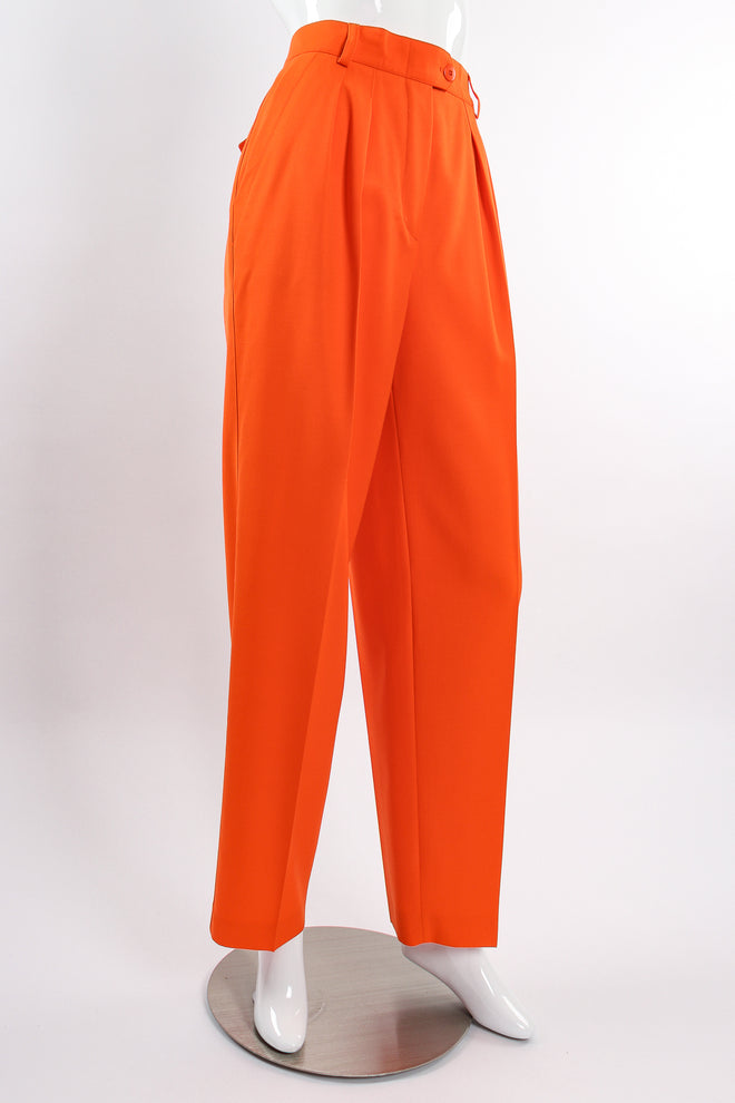 Vintage Escada Orange Double Pleated Pant on Mannequin angle at Recess Los Angeles