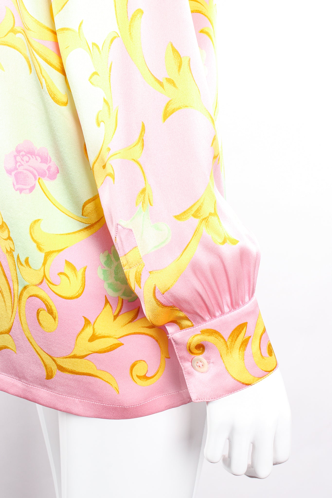 Vintage Escada Pastel Baroque Blossom Shirt on Mannequin sleeve cuff at Recess Los Angeles
