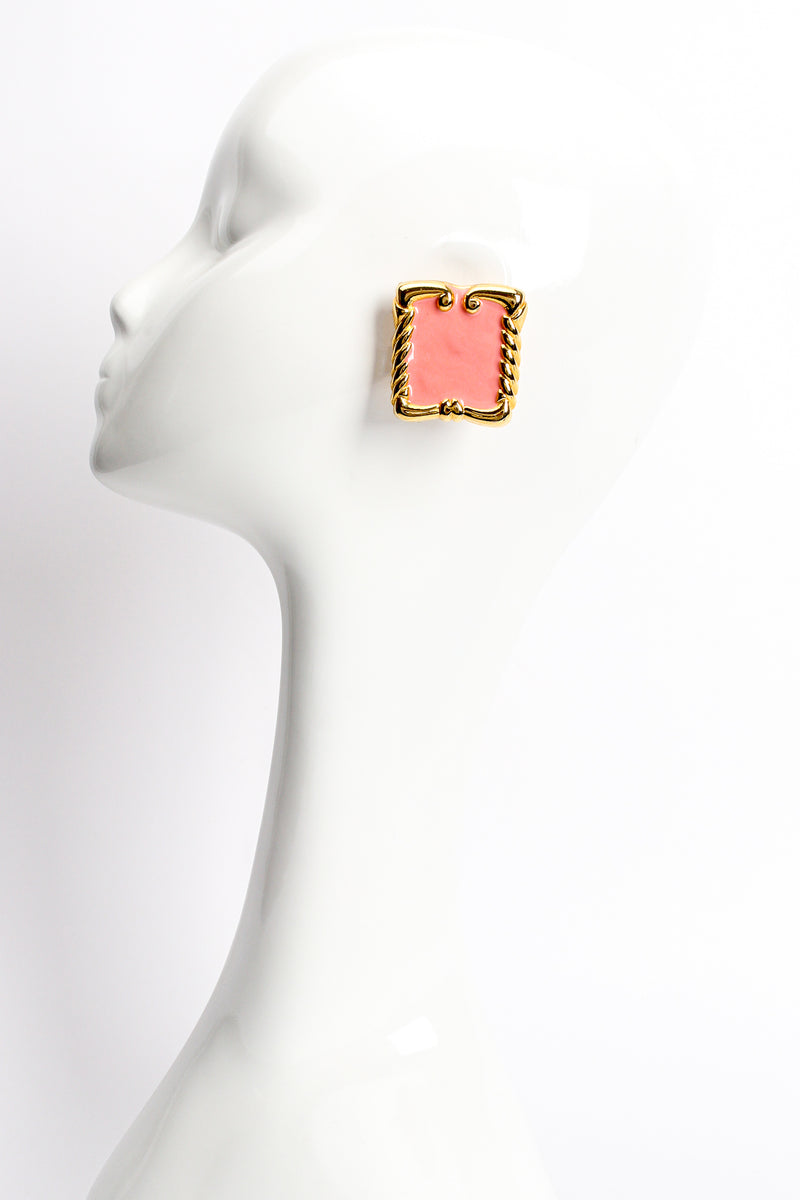 Vintage Pink Enamel Baroque Frame Earrings on mannequin at Recess Los Angeles