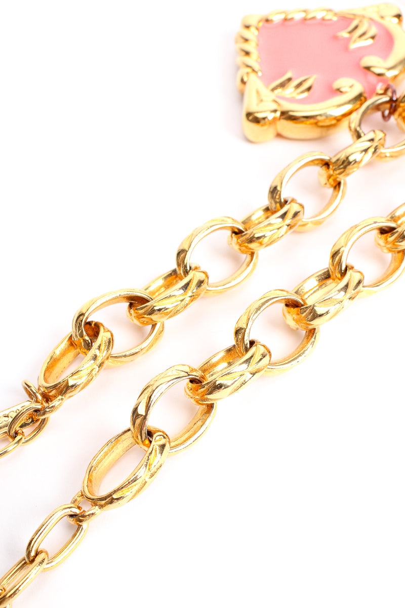 Vintage Escada Pink Enamel Hearts Charm Necklace chain texture at Recess Los Angeles