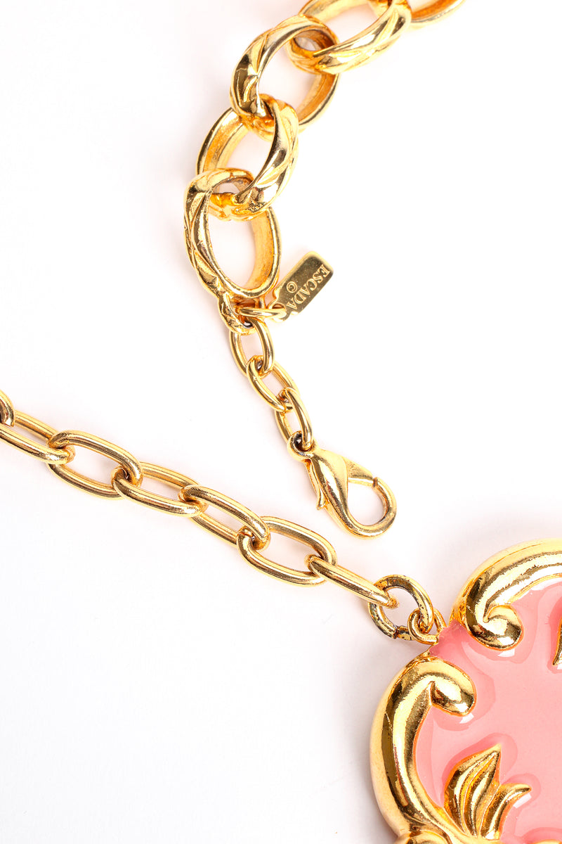 Vintage Escada Pink Enamel Hearts Charm Necklace clasp at Recess Los Angeles
