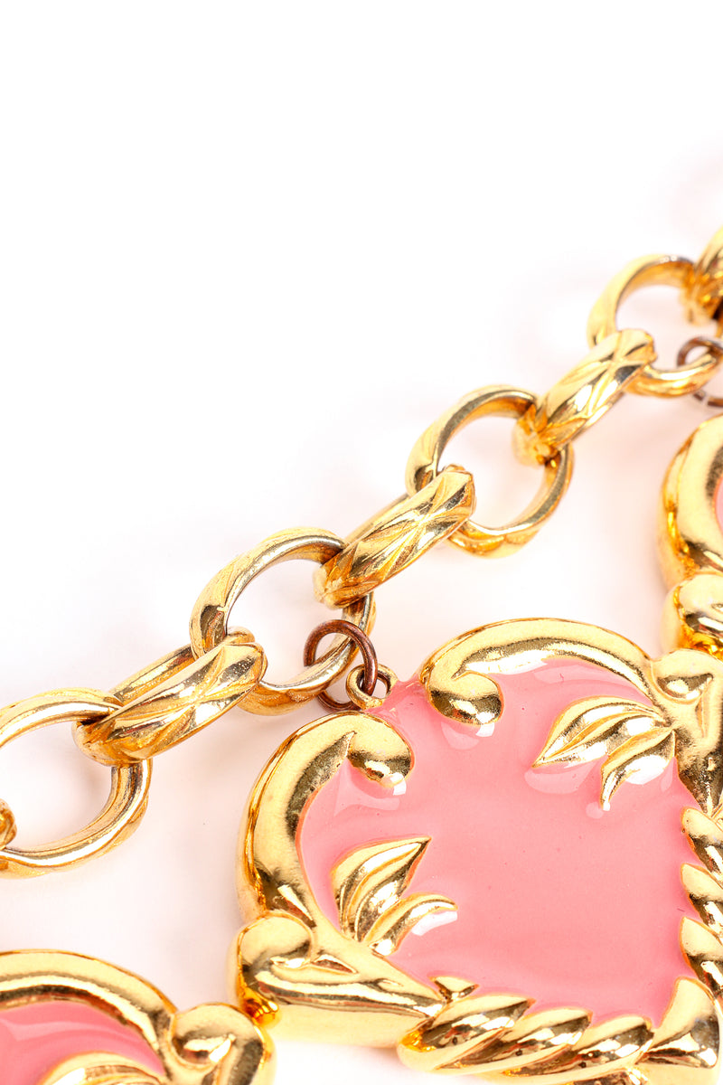 Vintage Escada Pink Enamel Hearts Charm Necklace wear jump ring at Recess Los Angeles
