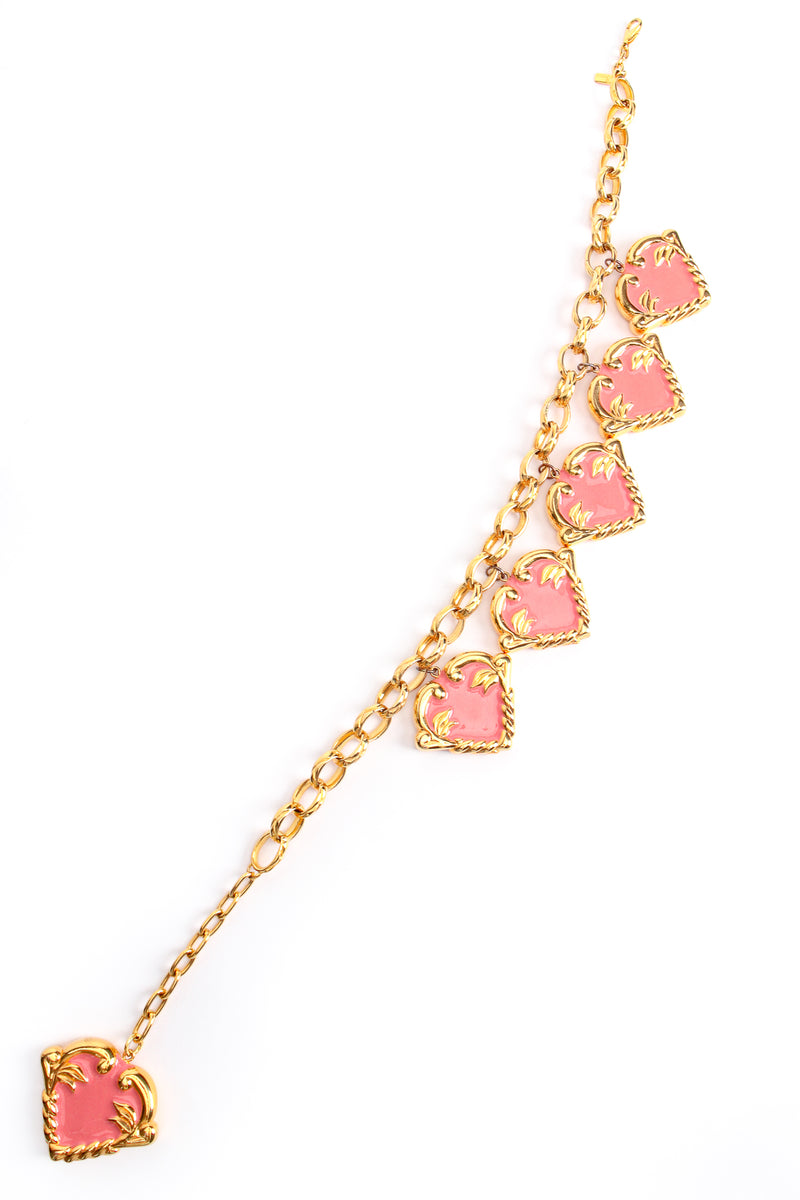 Vintage Escada Pink Enamel Hearts Charm Necklace flat at Recess Los Angeles