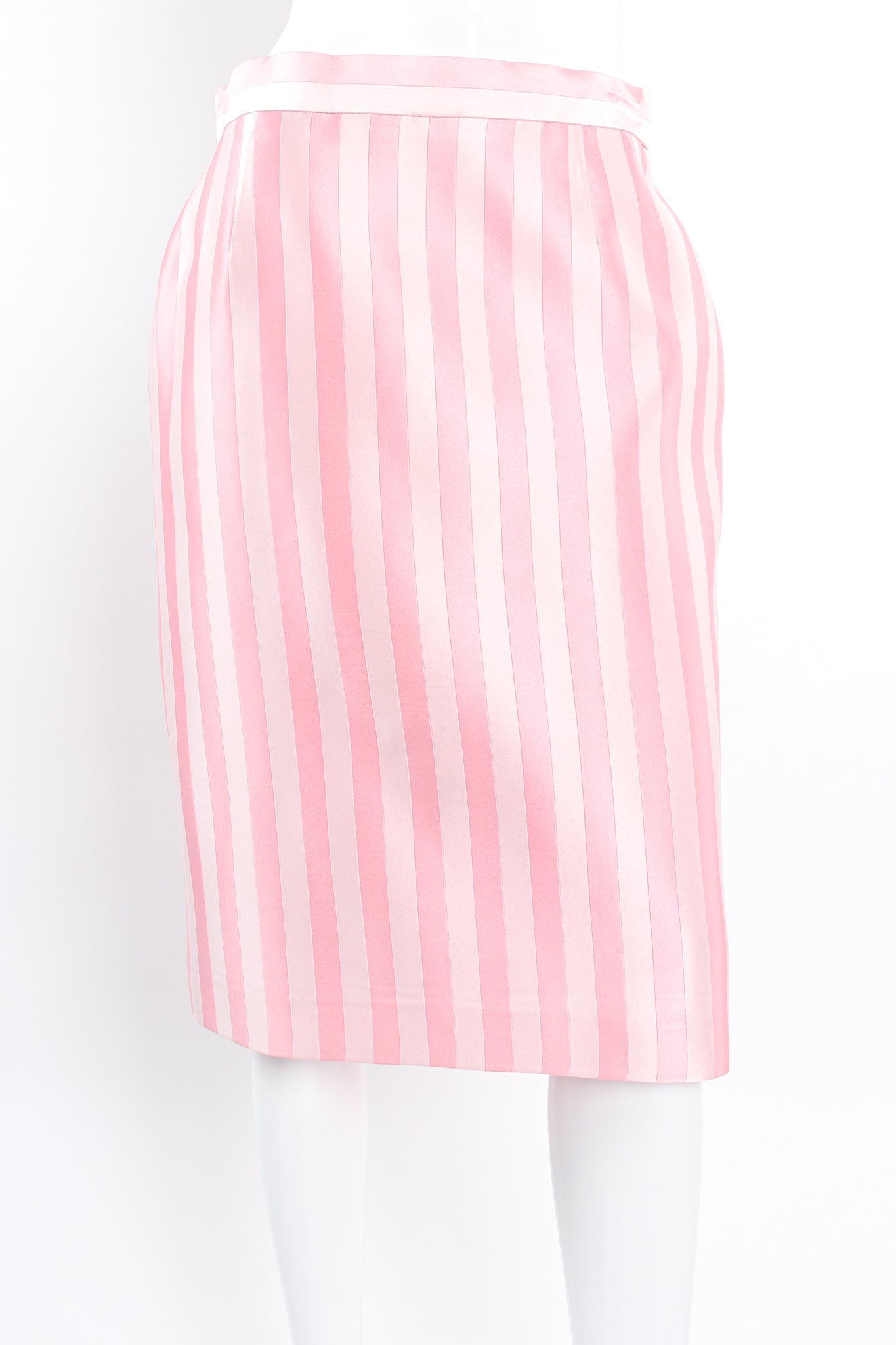 Vintage Escada Pink Regency Candy Stripe Skirt on mannequin front crop at Recess Los Angeles