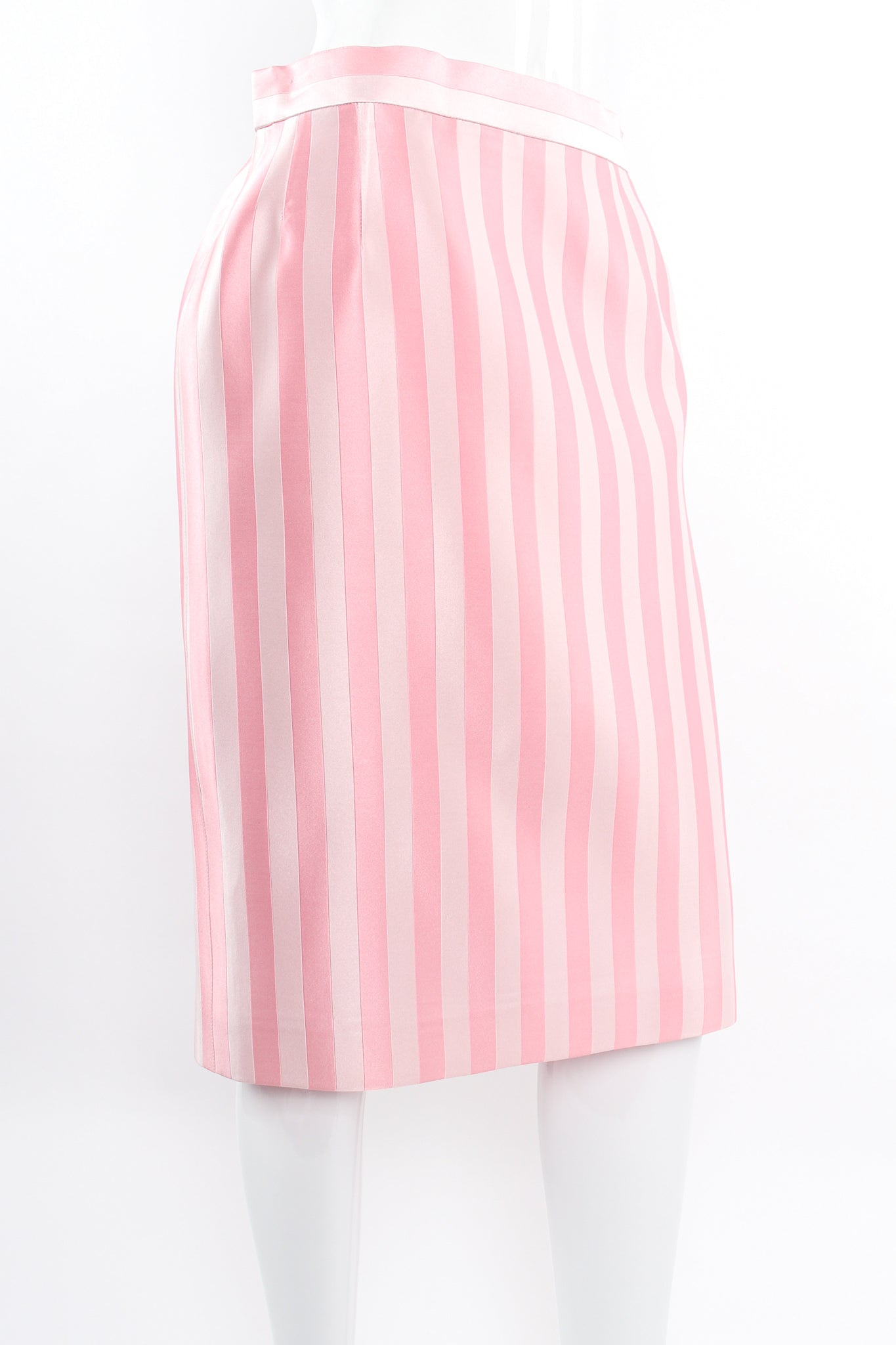Vintage Escada Pink Regency Candy Stripe Skirt on mannequin angle crop at Recess Los Angeles