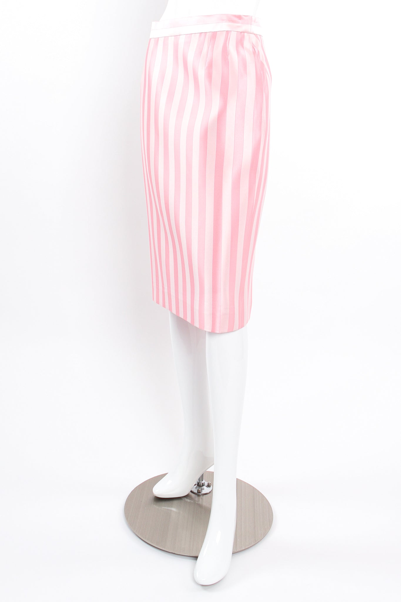 Vintage Escada Pink Regency Candy Stripe Skirt on mannequin angle at Recess Los Angeles
