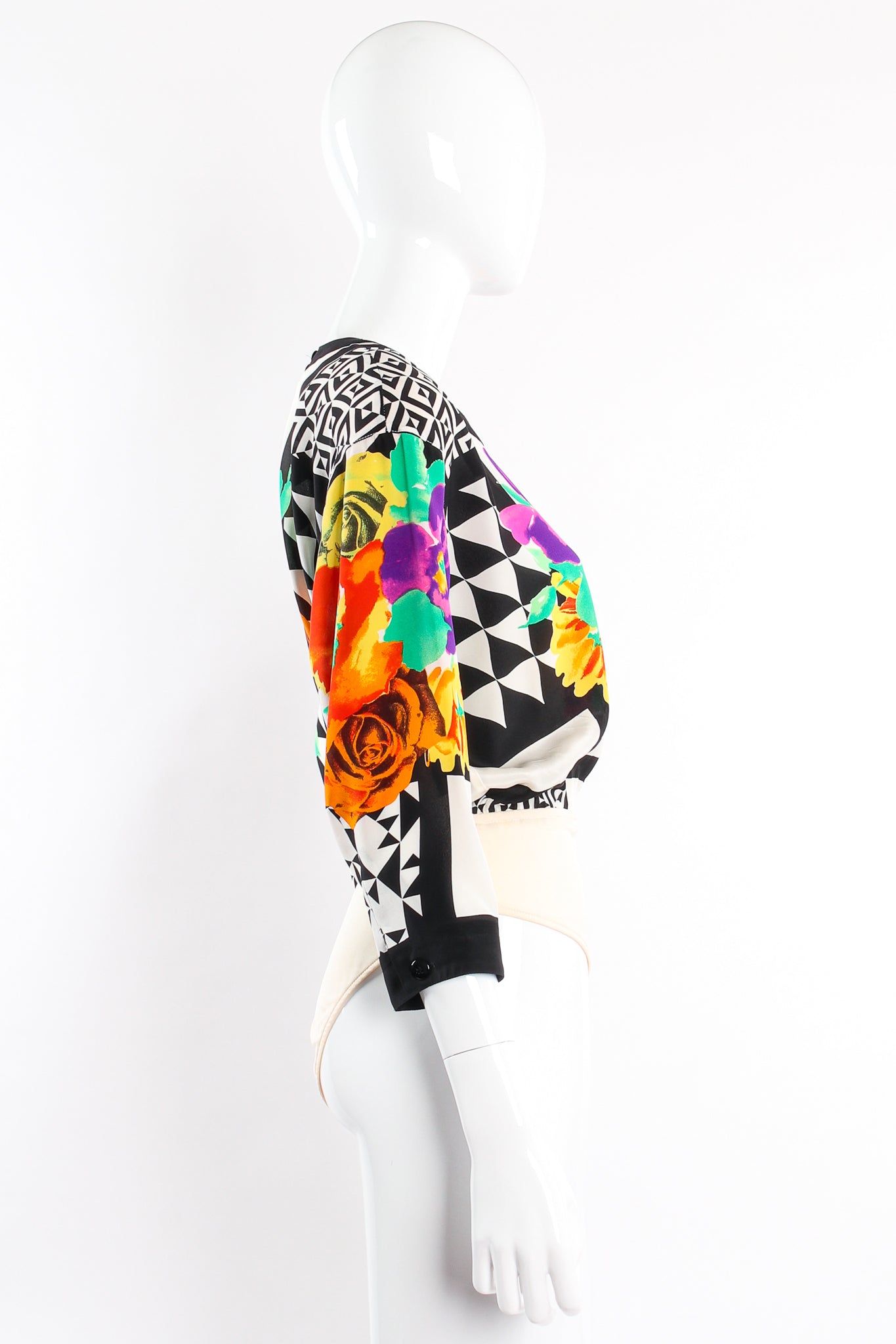 Vintage Escada Geometric Floral Silk Bodysuit on Mannequin side at Recess Los Angeles