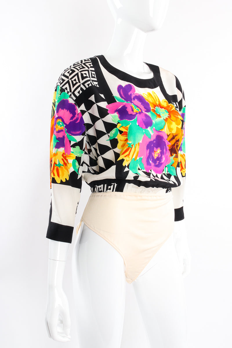 Vintage Escada Geometric Floral Silk Bodysuit on Mannequin angle at Recess Los Angeles