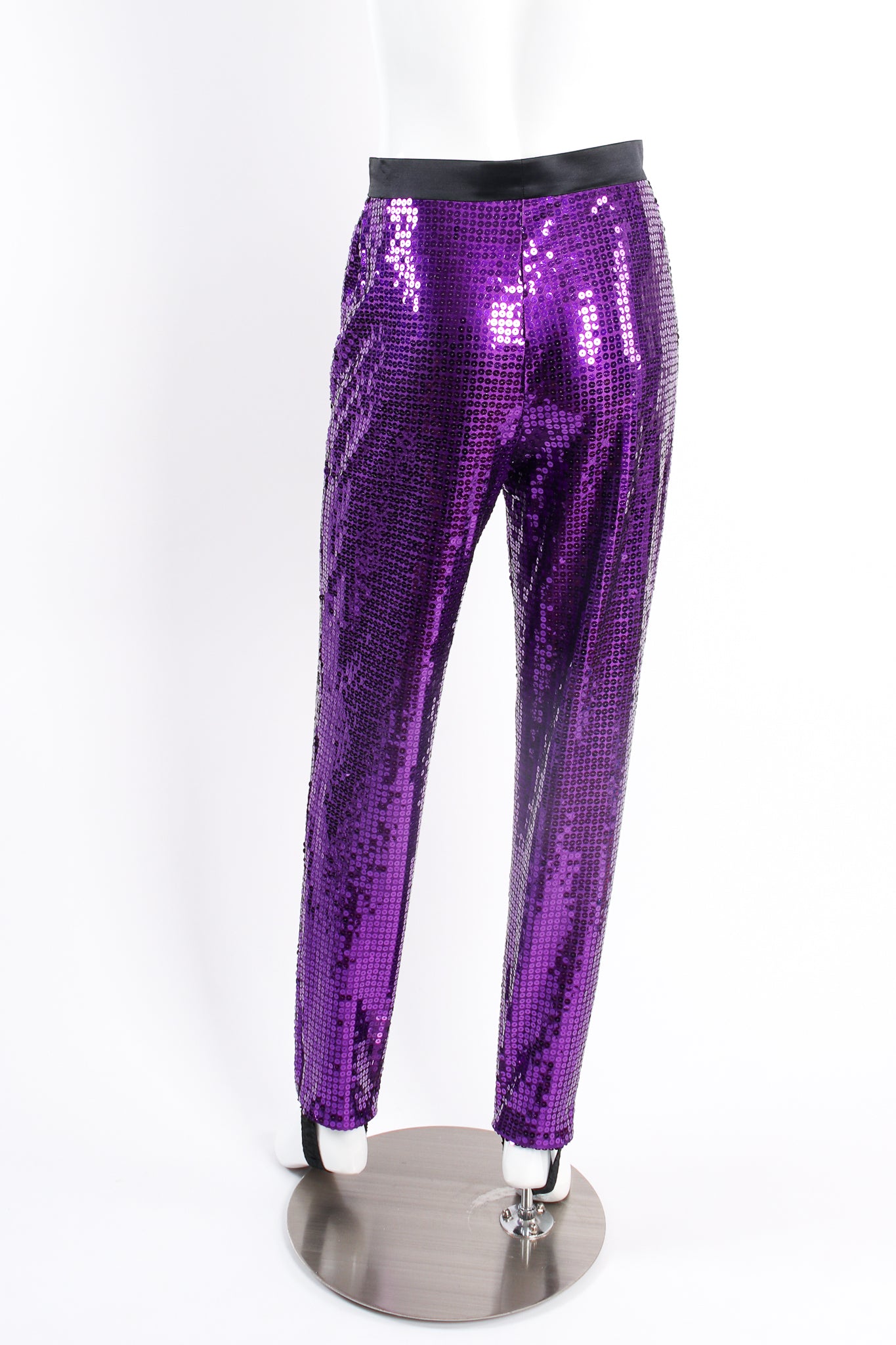 Vintage Escada Royal Purple Sequin Stirrup Pant on mannequin back at Recess Los Angeles