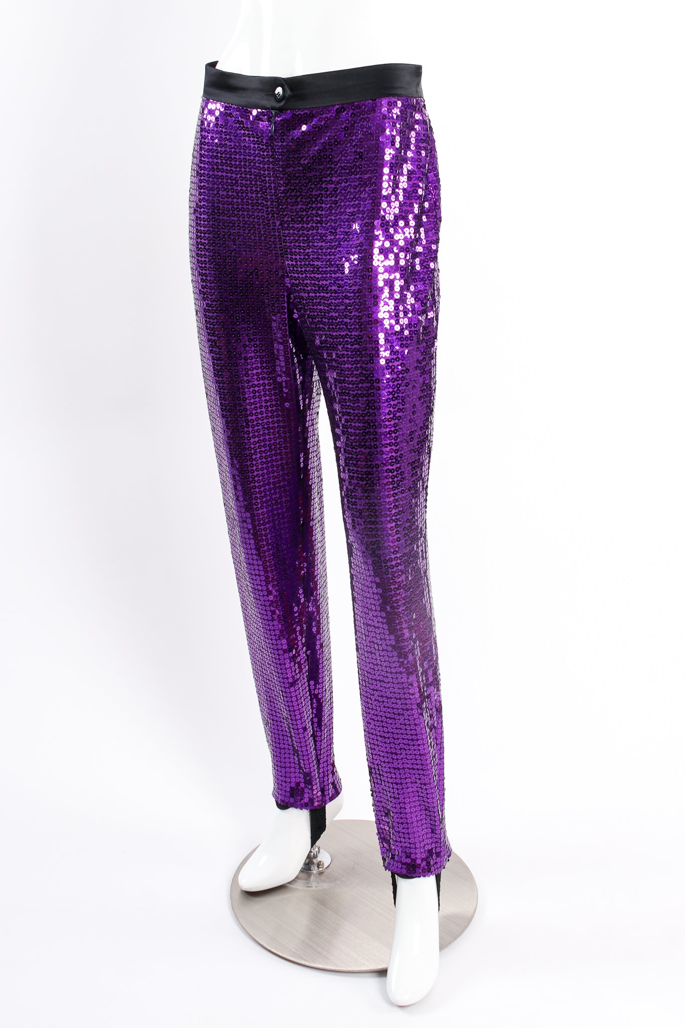 Vintage Escada Royal Purple Sequin Stirrup Pant on mannequin angle at Recess Los Angeles