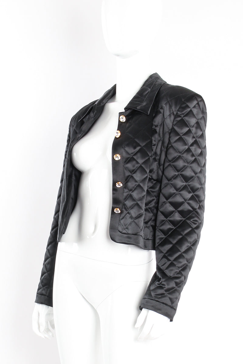 Vintage Escada Quilted Satin Boxy Jacket on Mannequin open at Recess Los Angeles