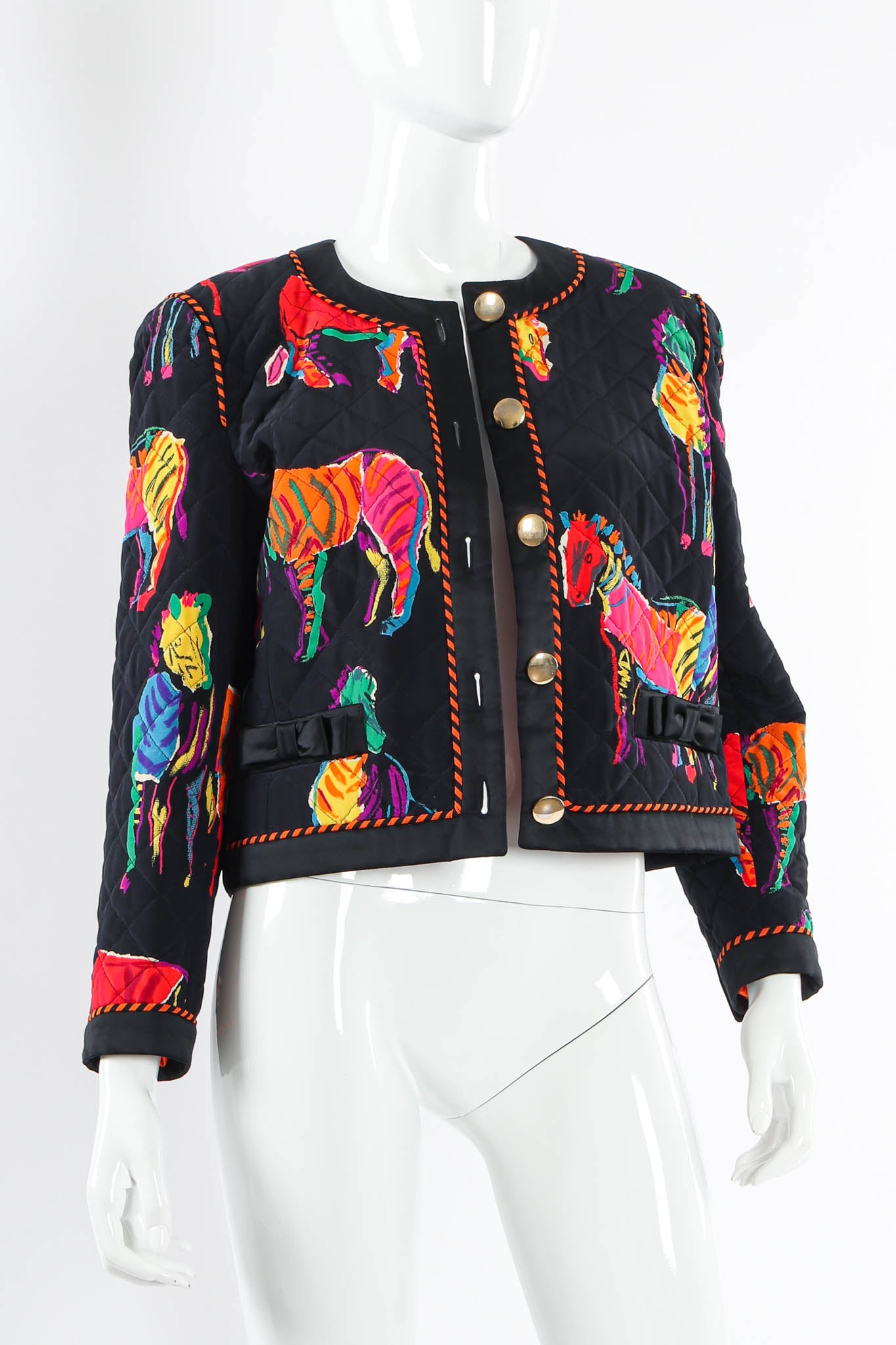 Vintage Escada by Margaretha Ley 80s Silk Rainbow Zebra Jacket mannequin front close @ Recess LA