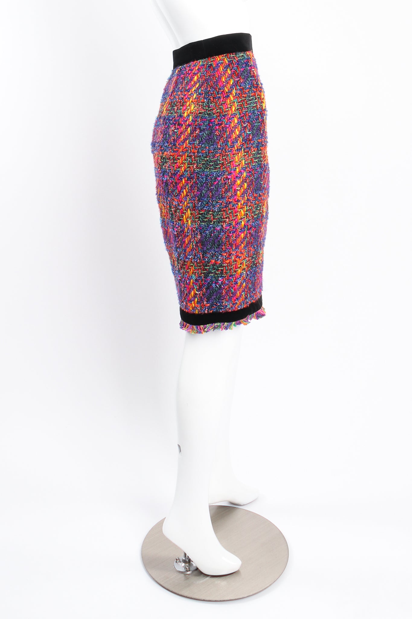 Vintage Escada Rainbow Bouclé Tweed Skirt Set on mannequin side Los Angeles